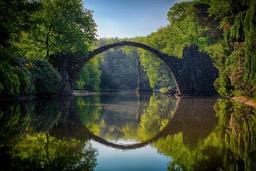 An ancient stone arch bridge spans a tranquil lake, with lush trees lining the banks, the reflections are clearly visible, the scene is peaceful and serene. - free wallpaper image