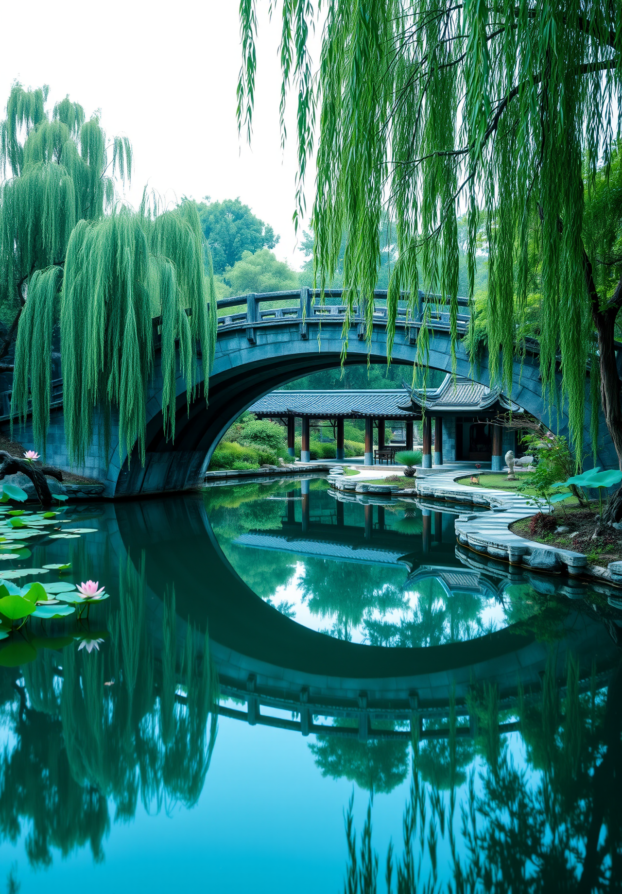 An arched bridge spans a calm pond with clear blue water, surrounded by lush trees, creating a peaceful and serene atmosphere. - wallpaper image