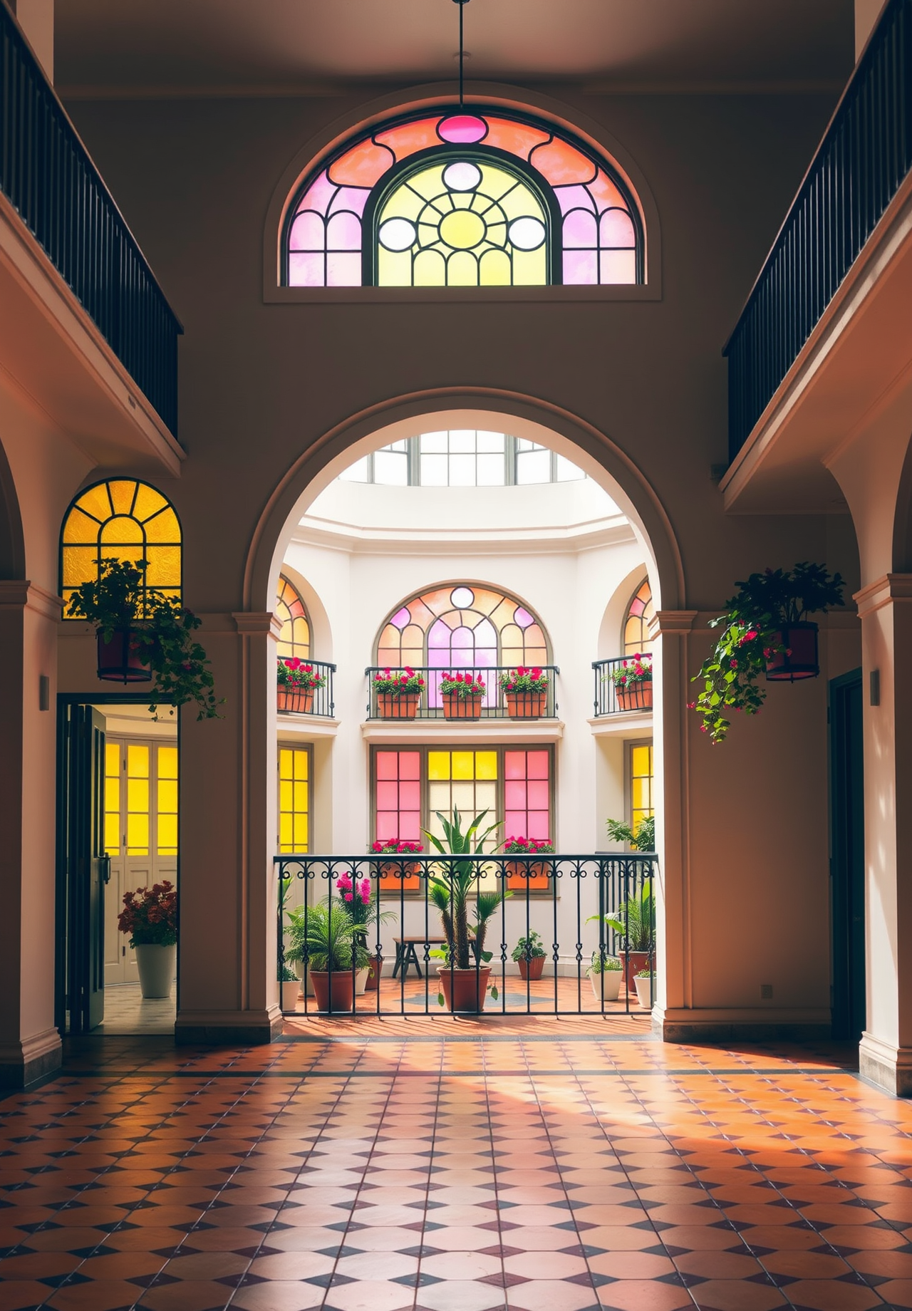 An interior courtyard with arched windows decorated with stained glass, there are plants in the courtyard and the floor is red tiles. - wallpaper image