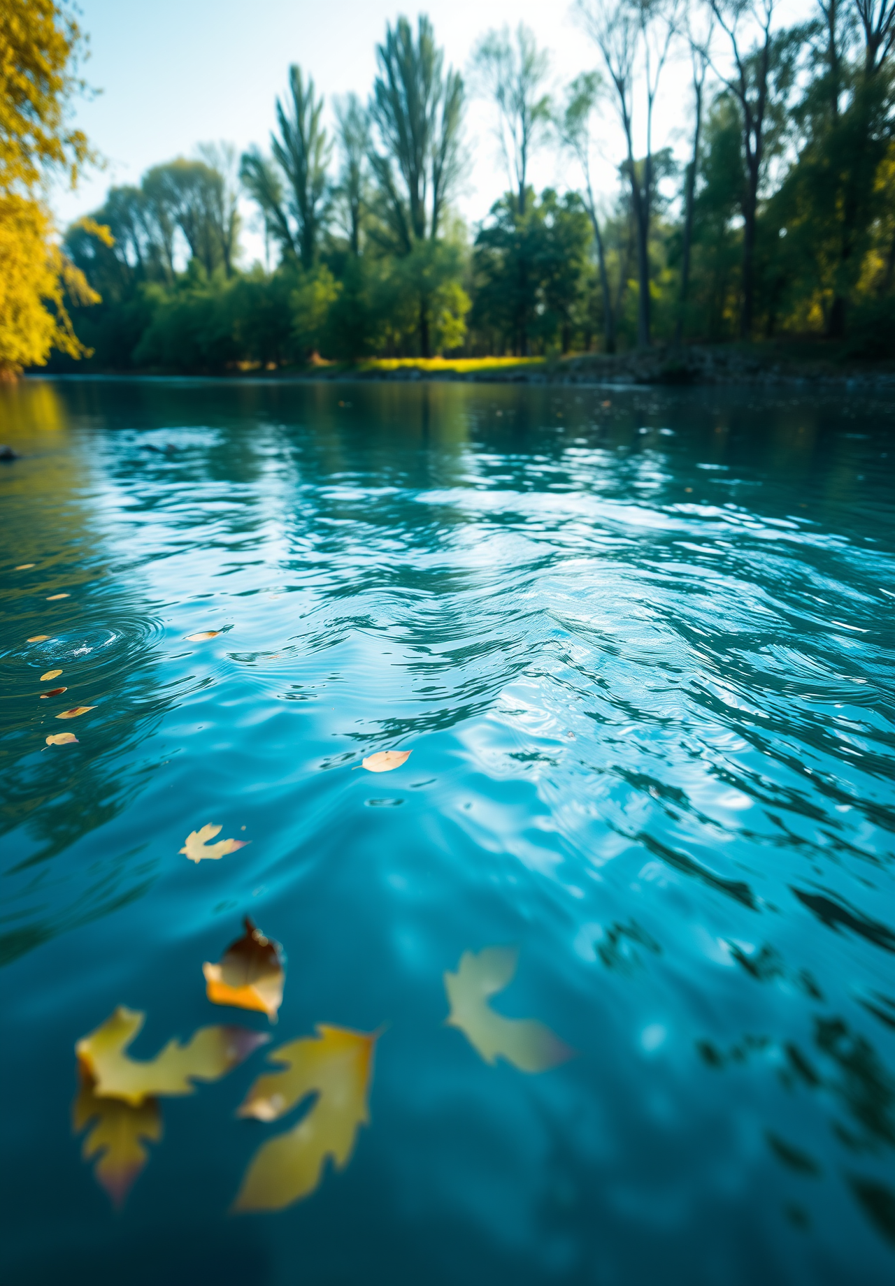 The water surface is sparkling, some fallen leaves float on the water, and the distant river bank is covered with green trees. - wallpaper image