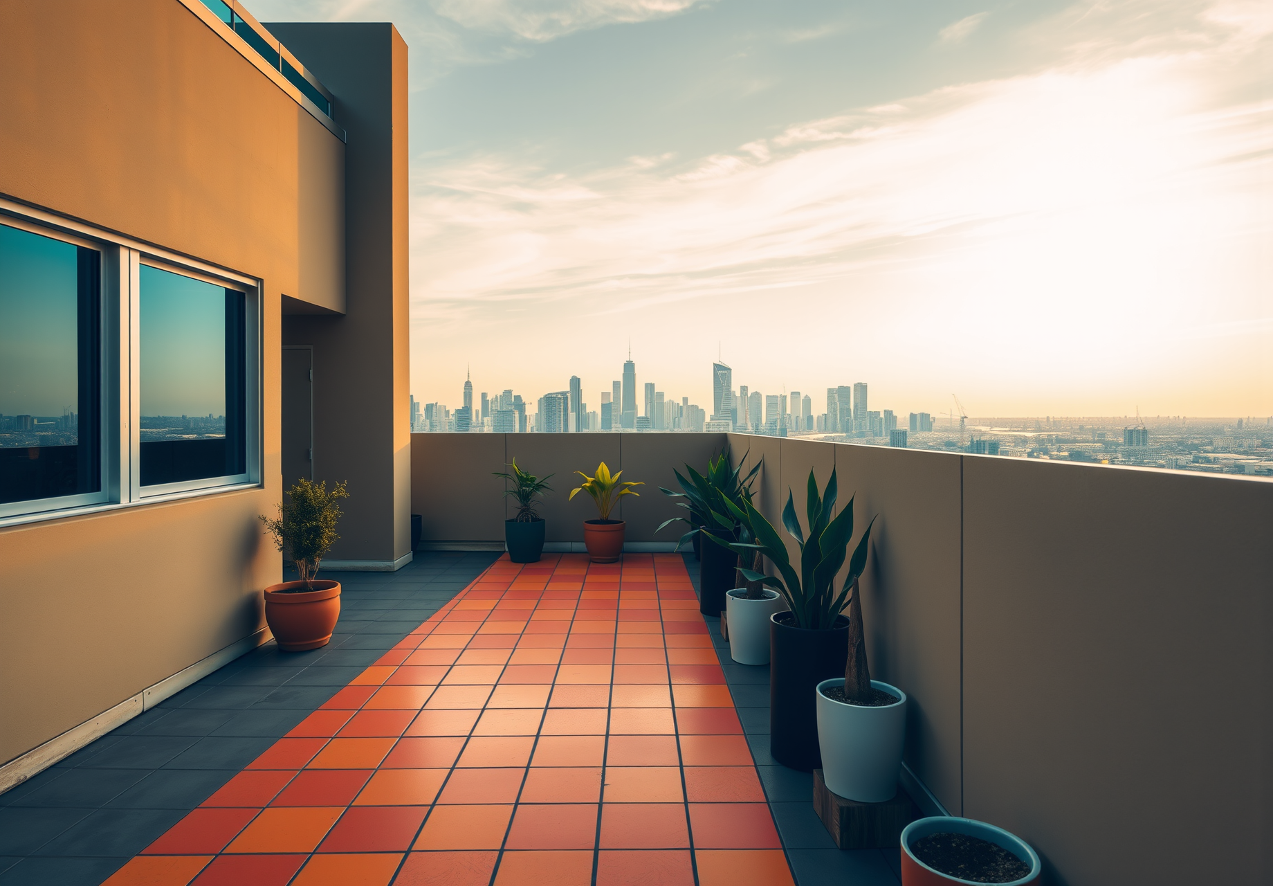 A red brick floor on the balcony, with a few green plants beside it, the city skyline in the distance, and a light blue sky. - wallpaper image