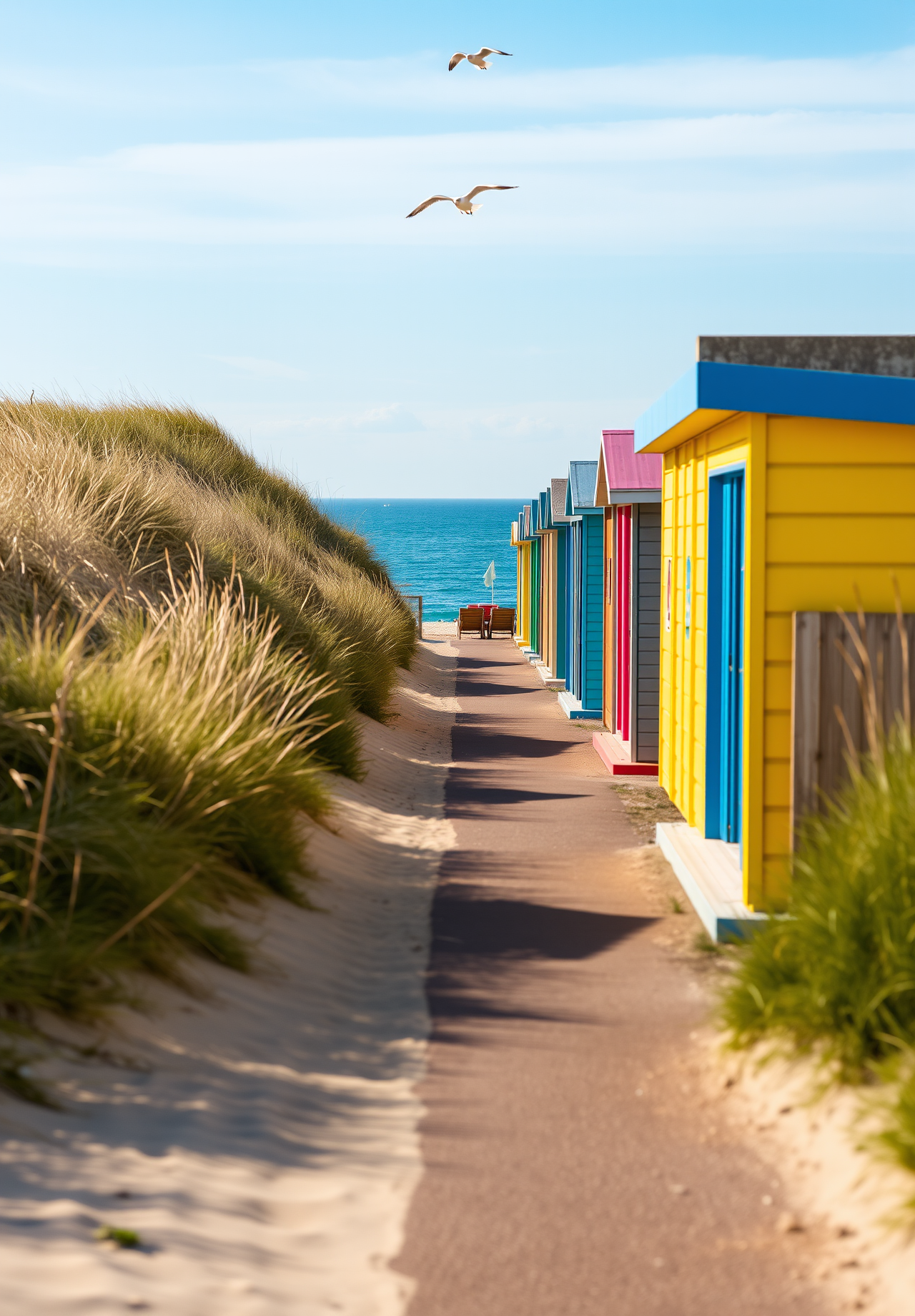 A row of colorful beach huts line up along a path by the beach, in the distance is the blue sea, the sky is clear, and two seagulls are flying in the sky. - wallpaper image