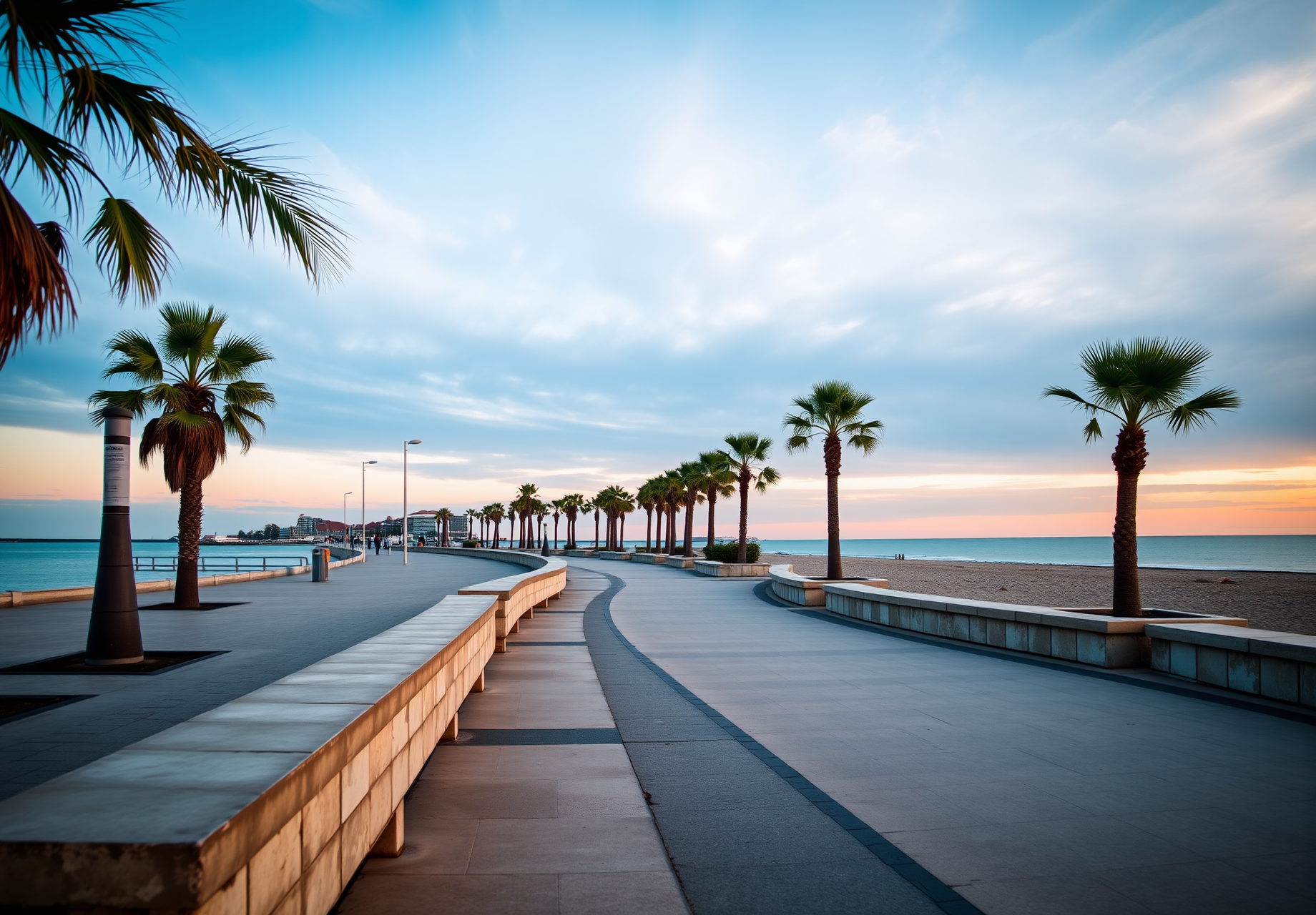 A stone paved path winds its way forward along the beach at dusk, lined with palm trees, with blue water and sand in the distance. - wallpaper image