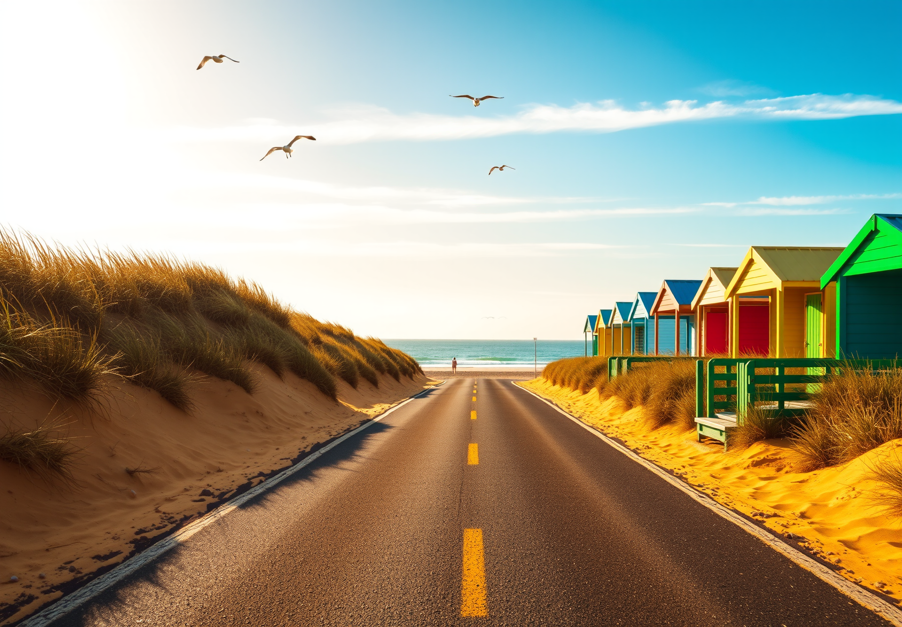 A straight road leads to the beach, with sand dunes and colorful wooden huts on both sides, seagulls flying in the distance. - wallpaper image