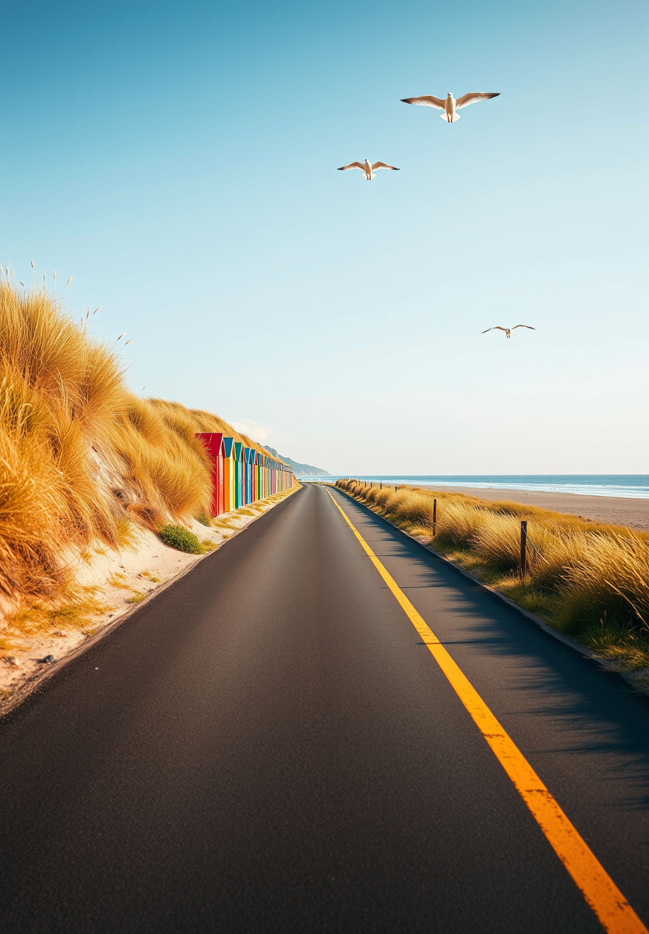 A straight asphalt road winds through the sand dunes by the sea, the blue ocean in the distance, colorful houses lined up along the road, and a few seagulls flying in the sky. - wallpaper image