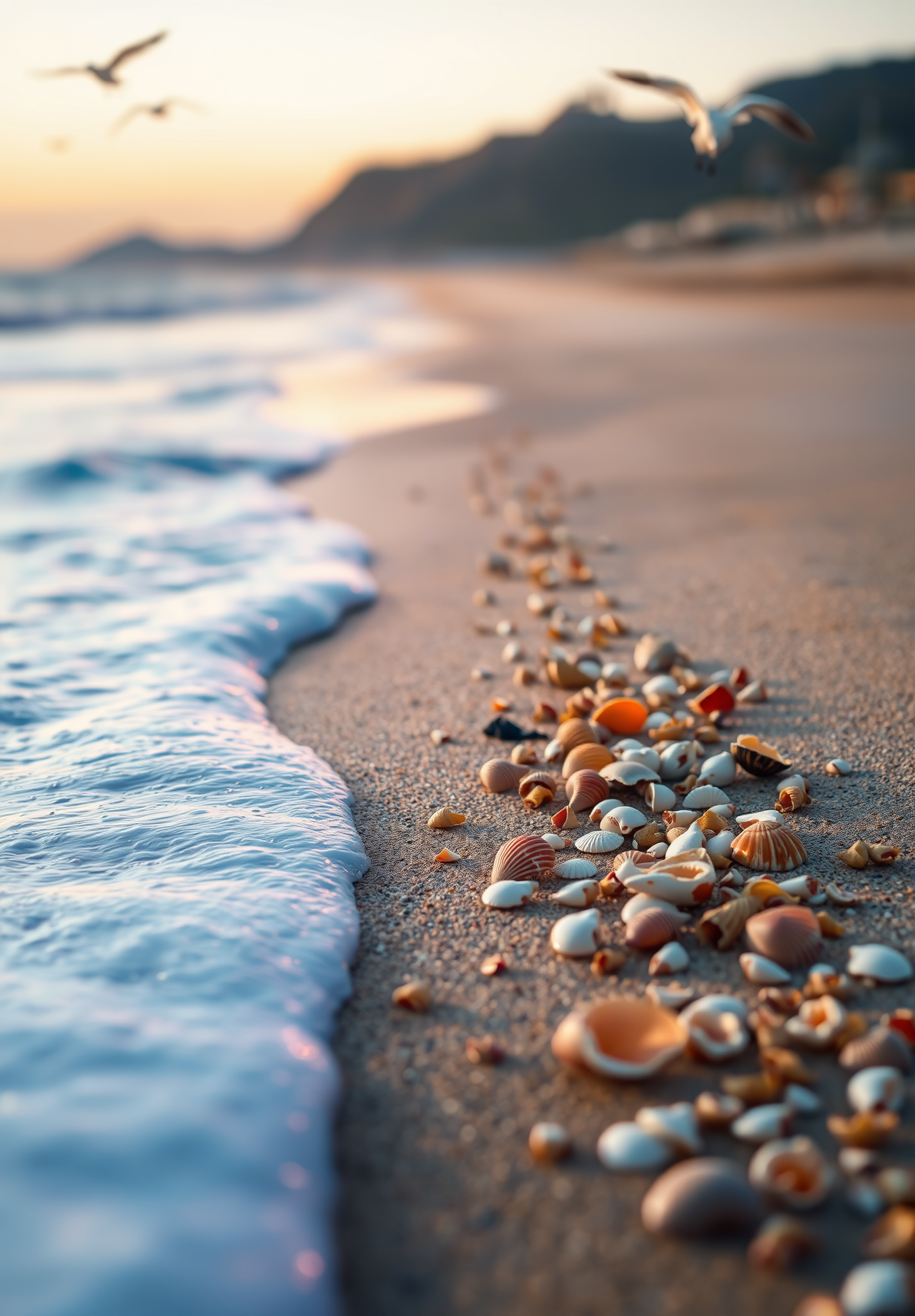 Waves lap at the sandy shore, leaving a trail of white foam, many seashells are scattered on the beach, the distant sky is orange-red, seagulls are flying in the air. - wallpaper image