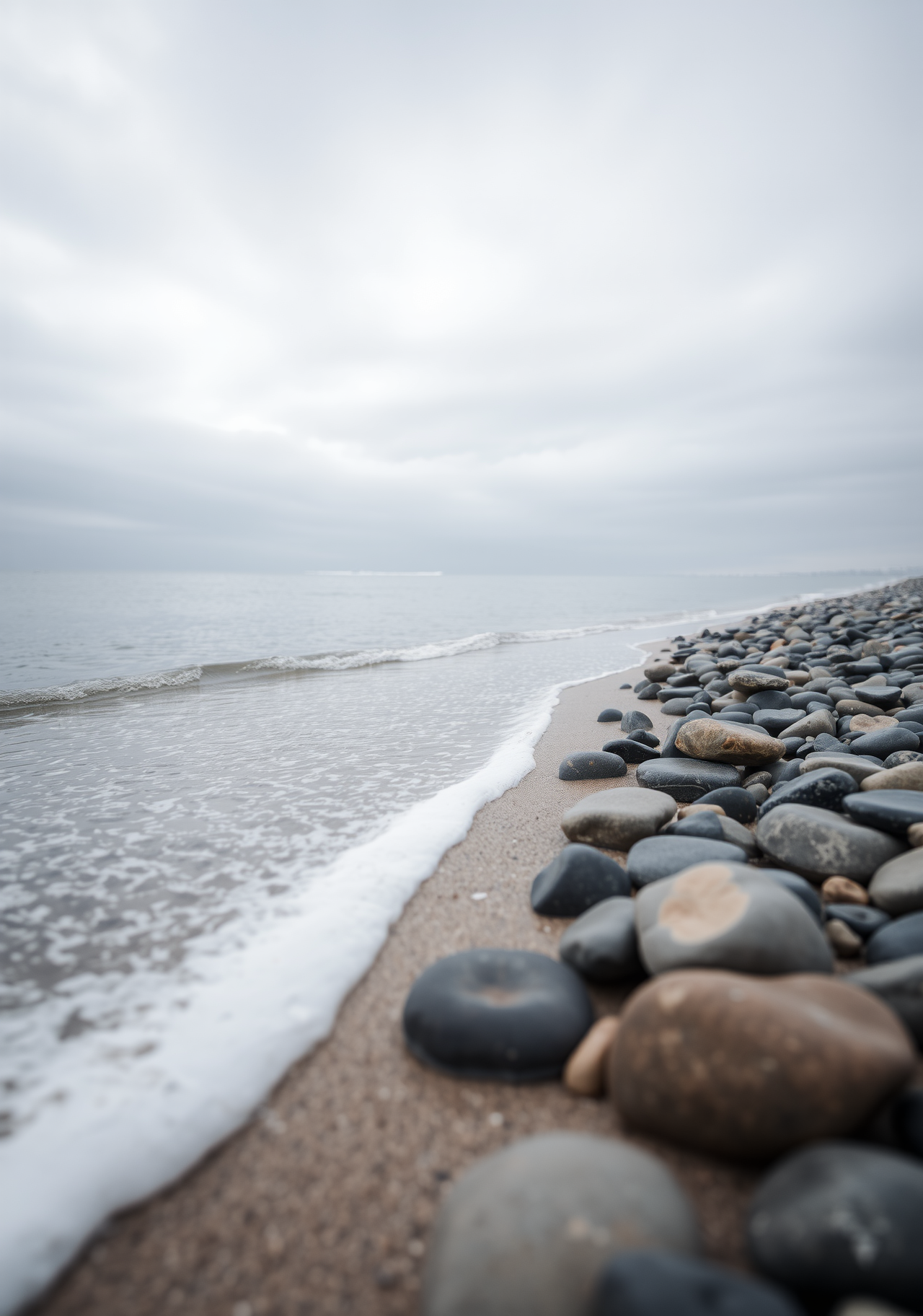 Round pebbles cover the beach, waves are lapping at the shore, and the sky is a dull grey. - wallpaper image