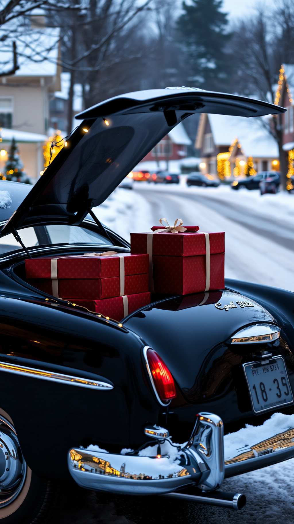 An old black car is parked in the snow, the trunk is full of red gift boxes, surrounded by houses decorated with colored lights. - wallpaper image