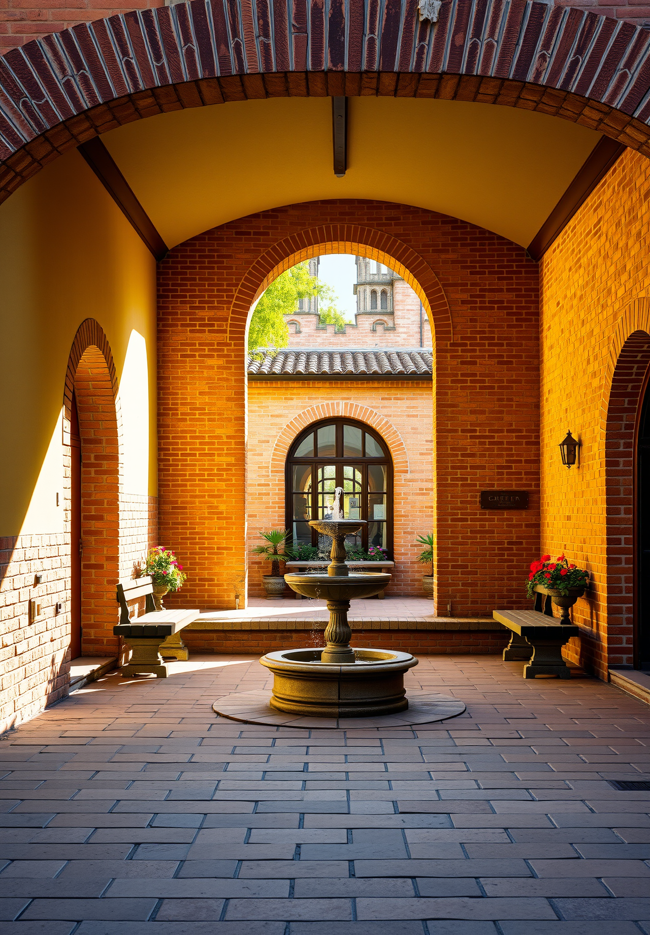 A brick courtyard with a fountain in the middle and benches on either side, there are arches on both sides of the courtyard, and some buildings can be seen outside the arches. - wallpaper image