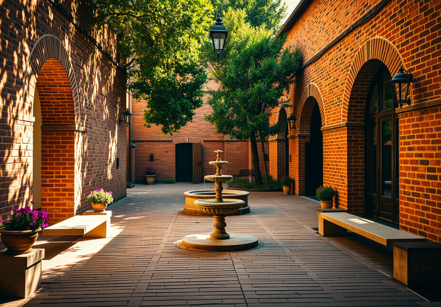 A brick courtyard with a fountain in the center, greenery and benches on both sides, sunlight shines on the brick walls - wallpaper image