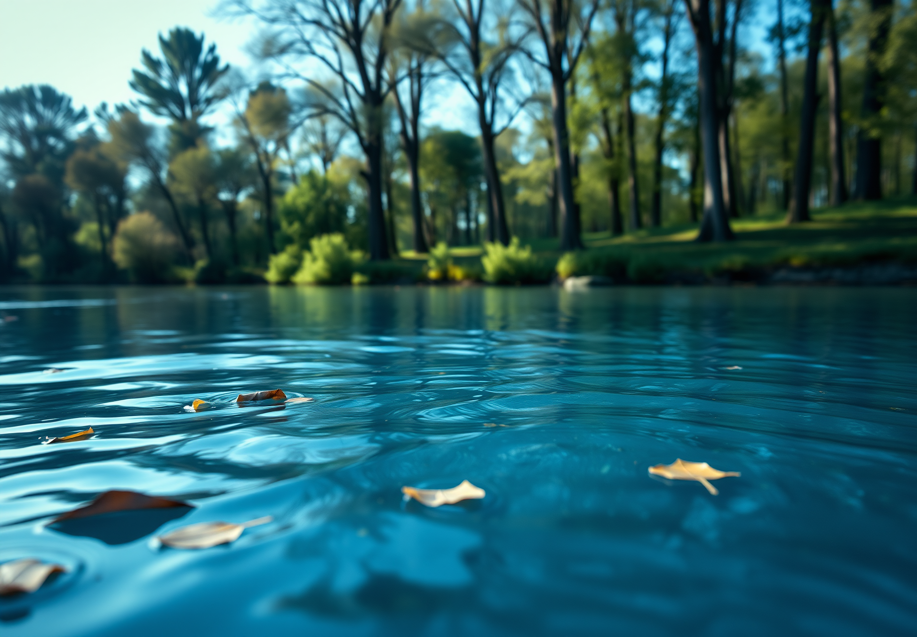 A few leaves float on the calm surface of the lake, with a lush forest in the distance - wallpaper image