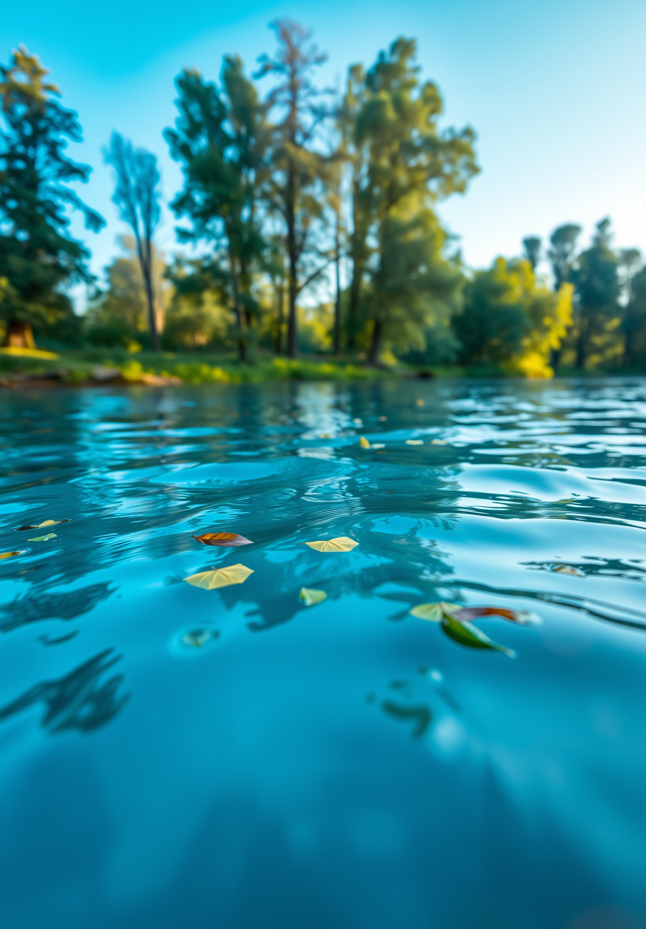 A calm lake surface with ripples, reflecting blue light.  A few yellow leaves float on the water. - wallpaper image