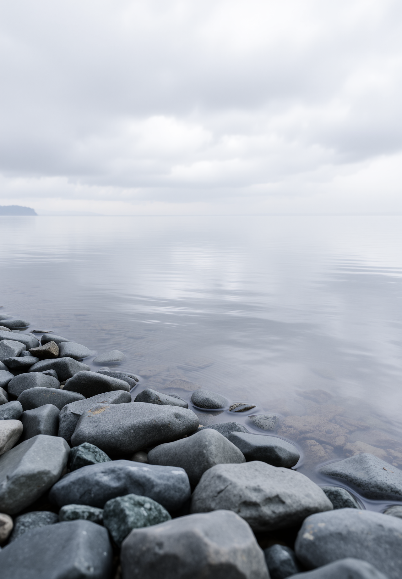 A calm lake with round pebbles on the shore, the sky is overcast, and there is a hazy mist in the distance. - wallpaper image