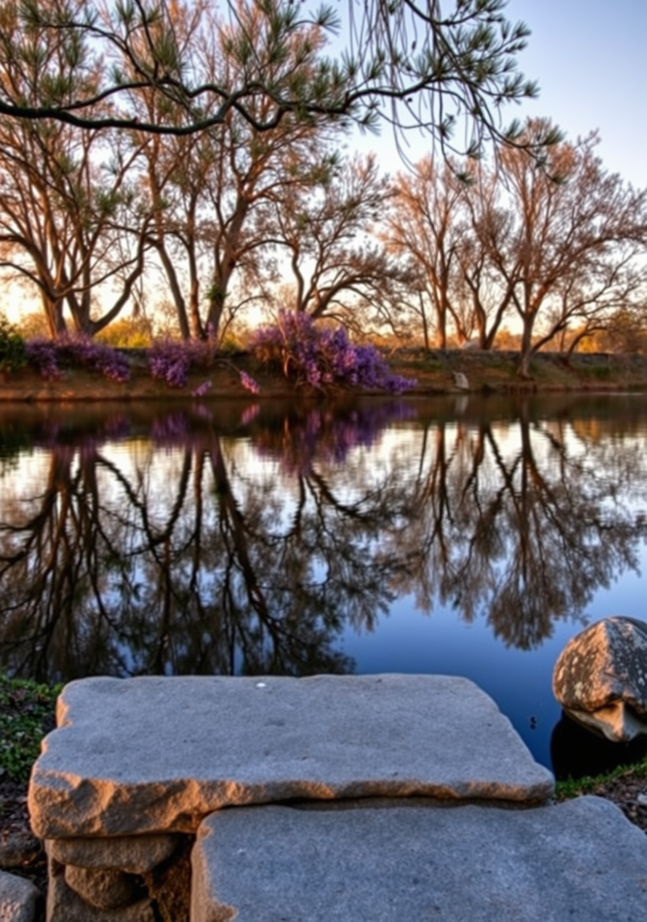 The calm lake reflects the shadows of the trees, with purple flowers blooming on the shore, the scenery is peaceful and serene. - wallpaper image