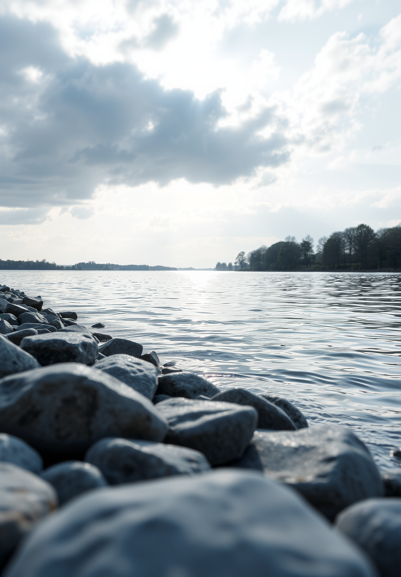 A calm lake with round stones piled up on the shore, the sky in the distance is full of clouds. - wallpaper image