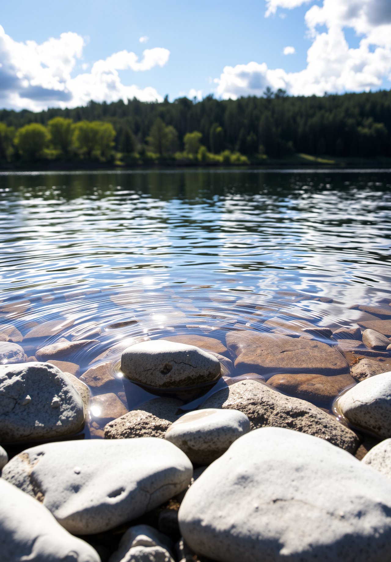 Calm lake water with ripples, round cobblestones on the shore, green trees and blue sky in the distance. - wallpaper image