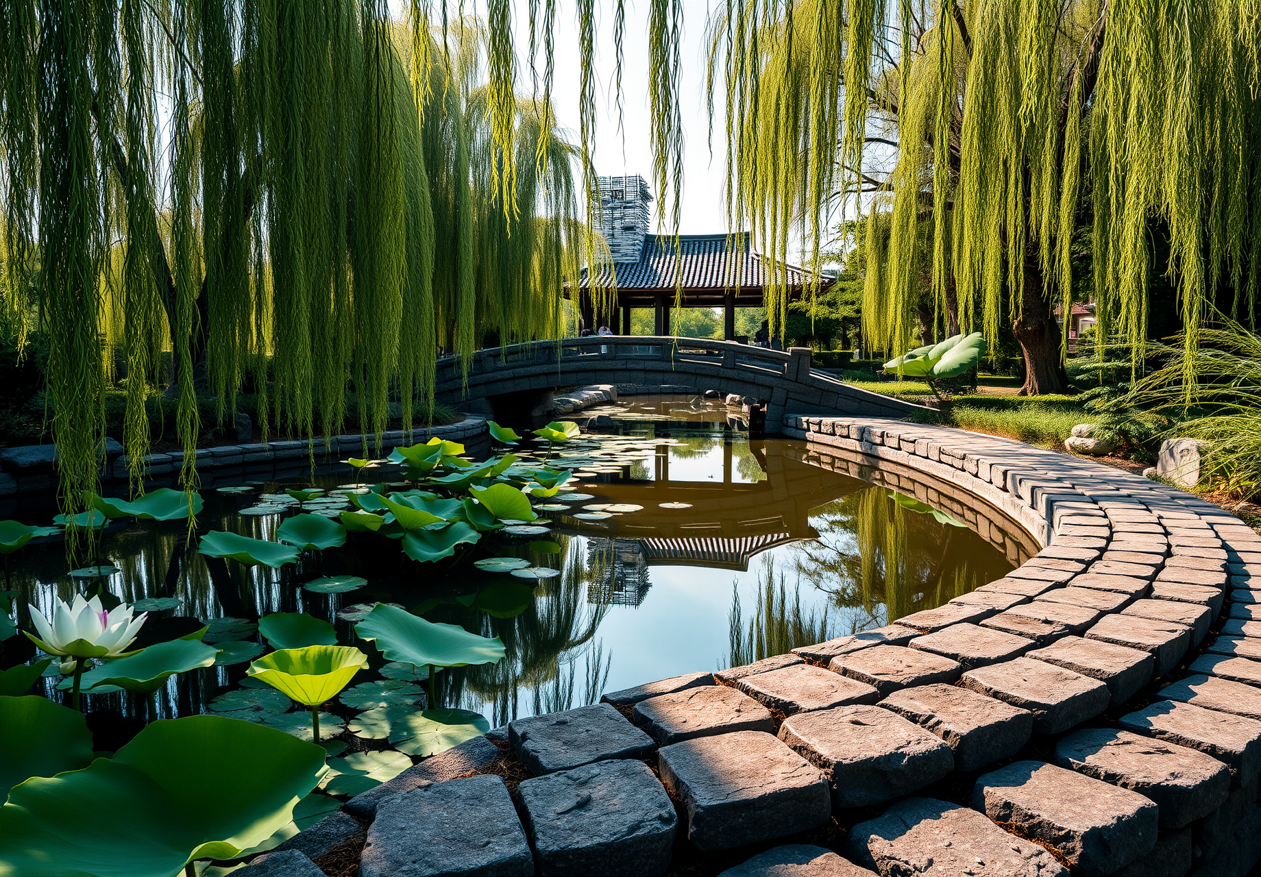 A Chinese garden with rocks, a pond, a bridge, and weeping willows. The pond is full of lotus leaves and flowers, peaceful and beautiful. - wallpaper image