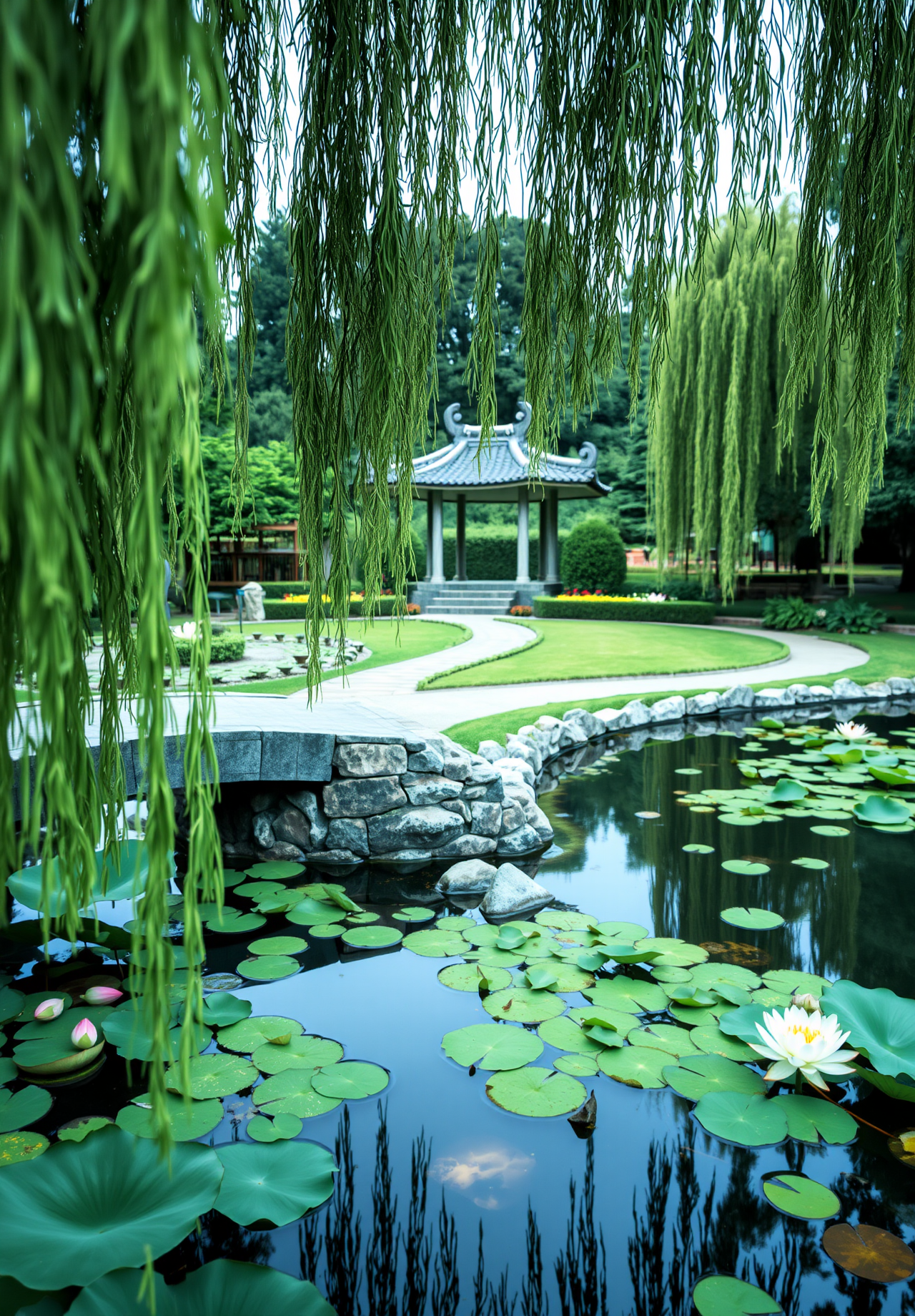 A Chinese pavilion sits in a lush green park, next to a pond with lotus leaves and flowers, with weeping willows in the distance, the scenery is beautiful and tranquil. - wallpaper image