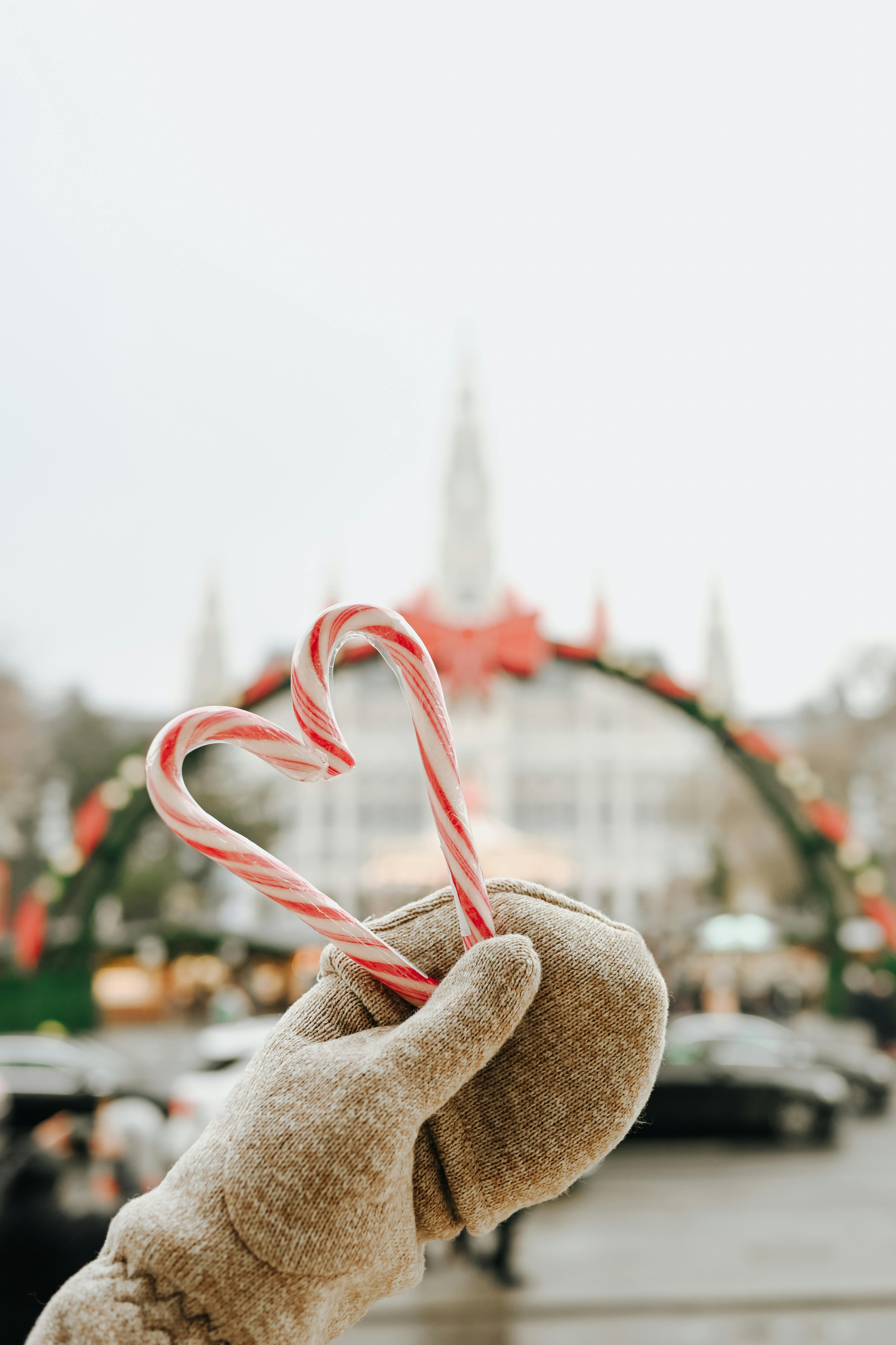 A pair of hands in knitted gloves holding two red and white candy canes, bent into the shape of a heart, against a background of a building decorated with Christmas decorations. - wallpaper image