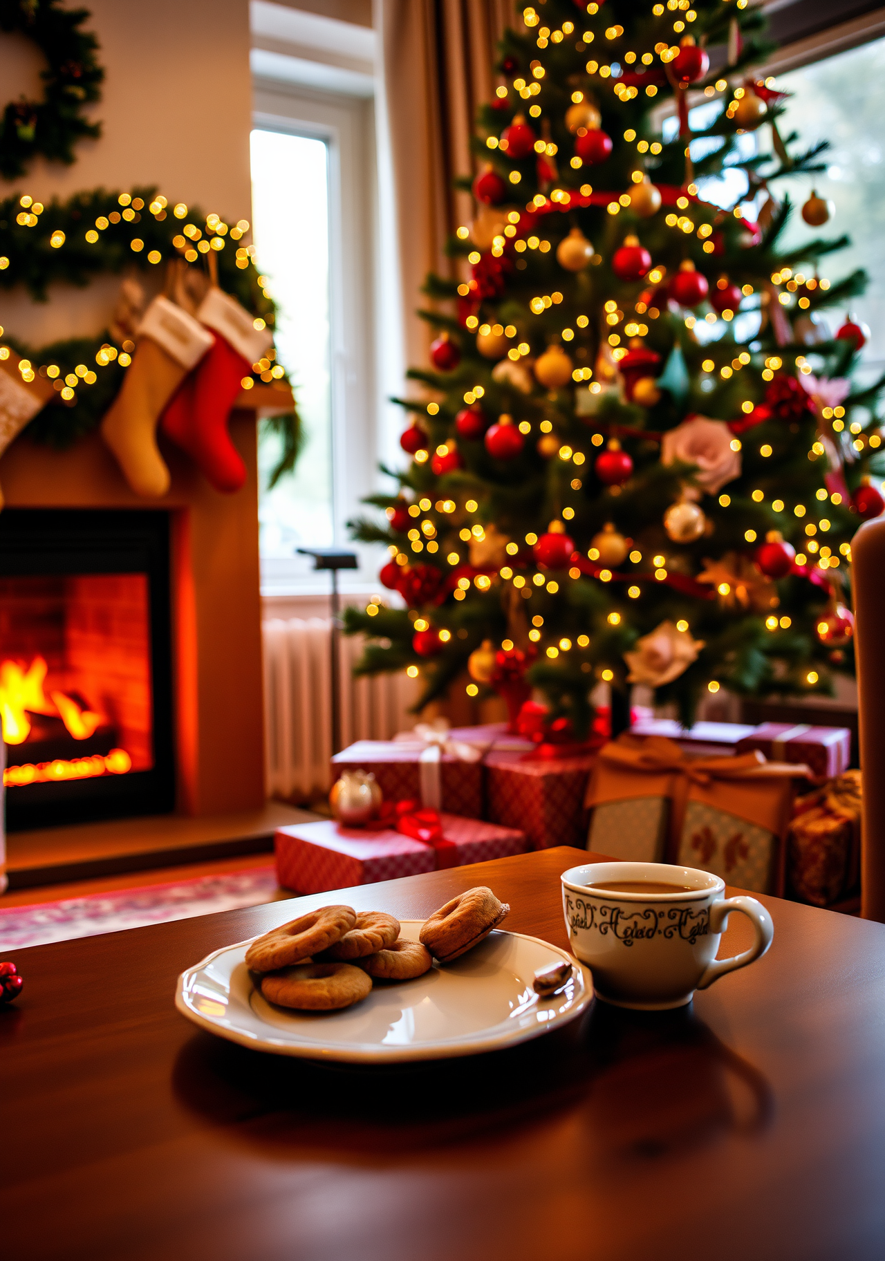 A beautifully decorated Christmas tree stands in the room, a roaring fire burns in the fireplace, a cup of coffee and some snacks are placed on the table, creating a warm and romantic Christmas atmosphere. - wallpaper image