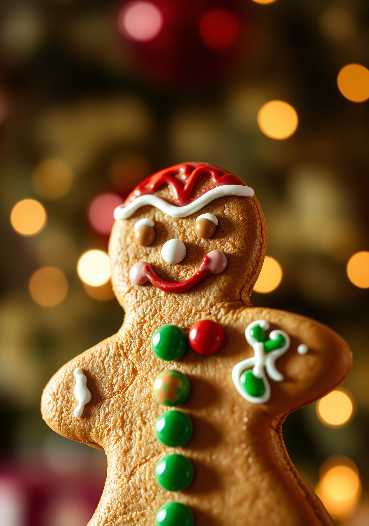 A close-up photo of a gingerbread man, decorated with candy and frosting and wearing a red hat, against a blurred background of Christmas tree lights. - wallpaper image