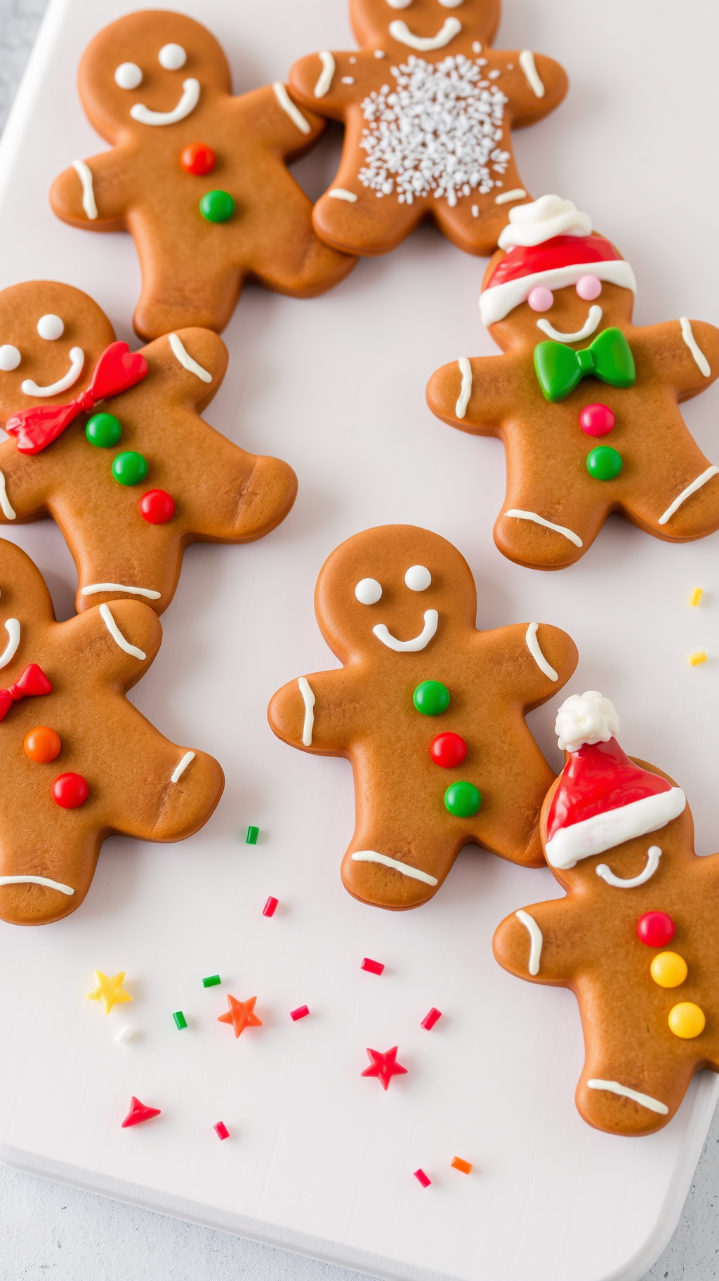 Six gingerbread men are placed on a white plate, next to colorful candy decorations. - wallpaper image