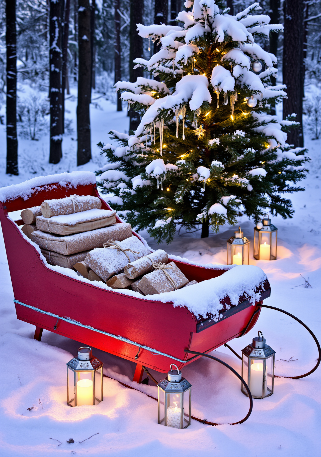 A red sleigh full of presents sits in the snow, beside a Christmas tree decorated with fairy lights, and there are a few warm lights around, creating a cozy festive atmosphere. - wallpaper image