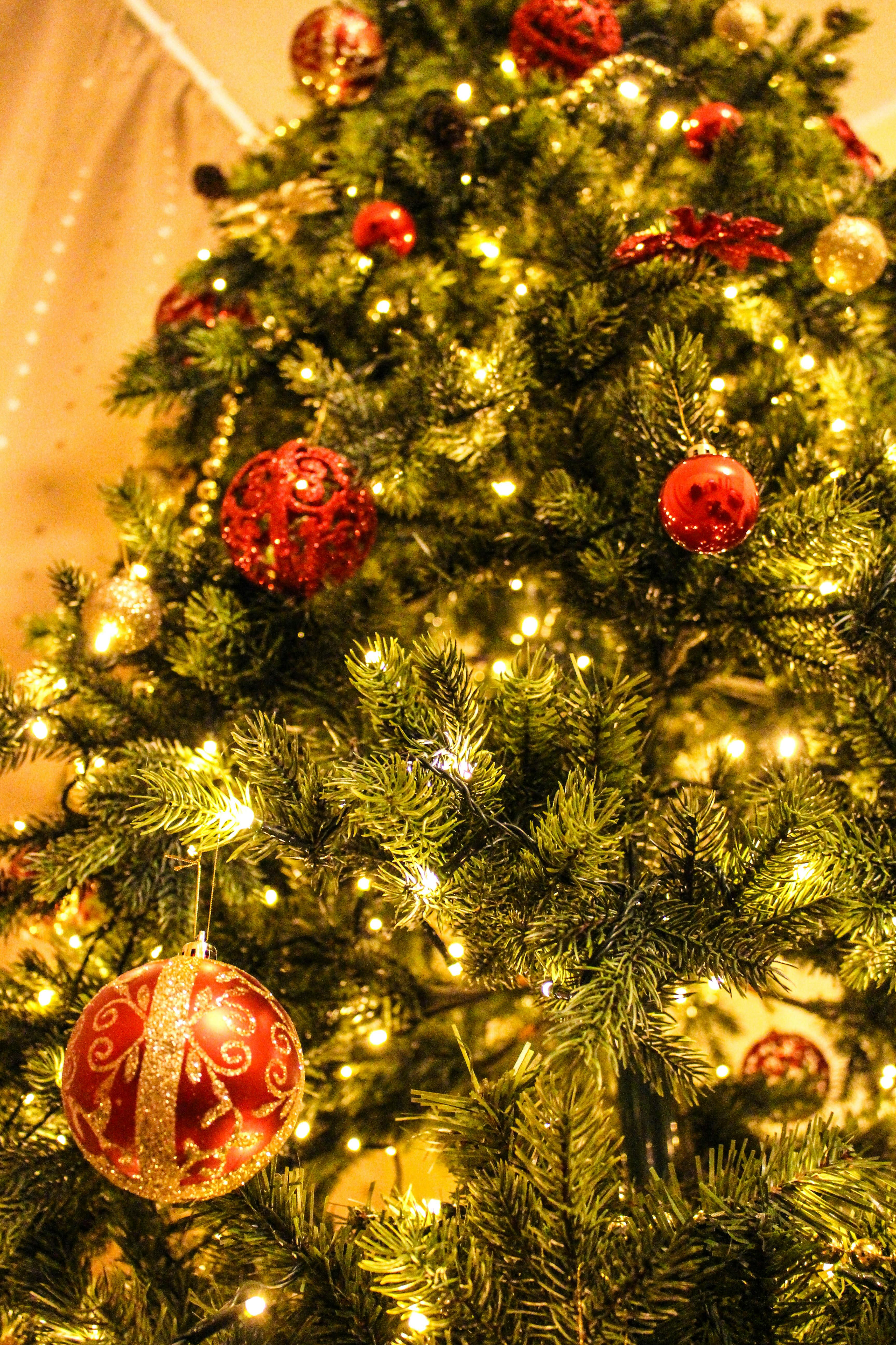 A Christmas tree decorated with red and gold ornaments, with sparkling lights hanging on it. - wallpaper image