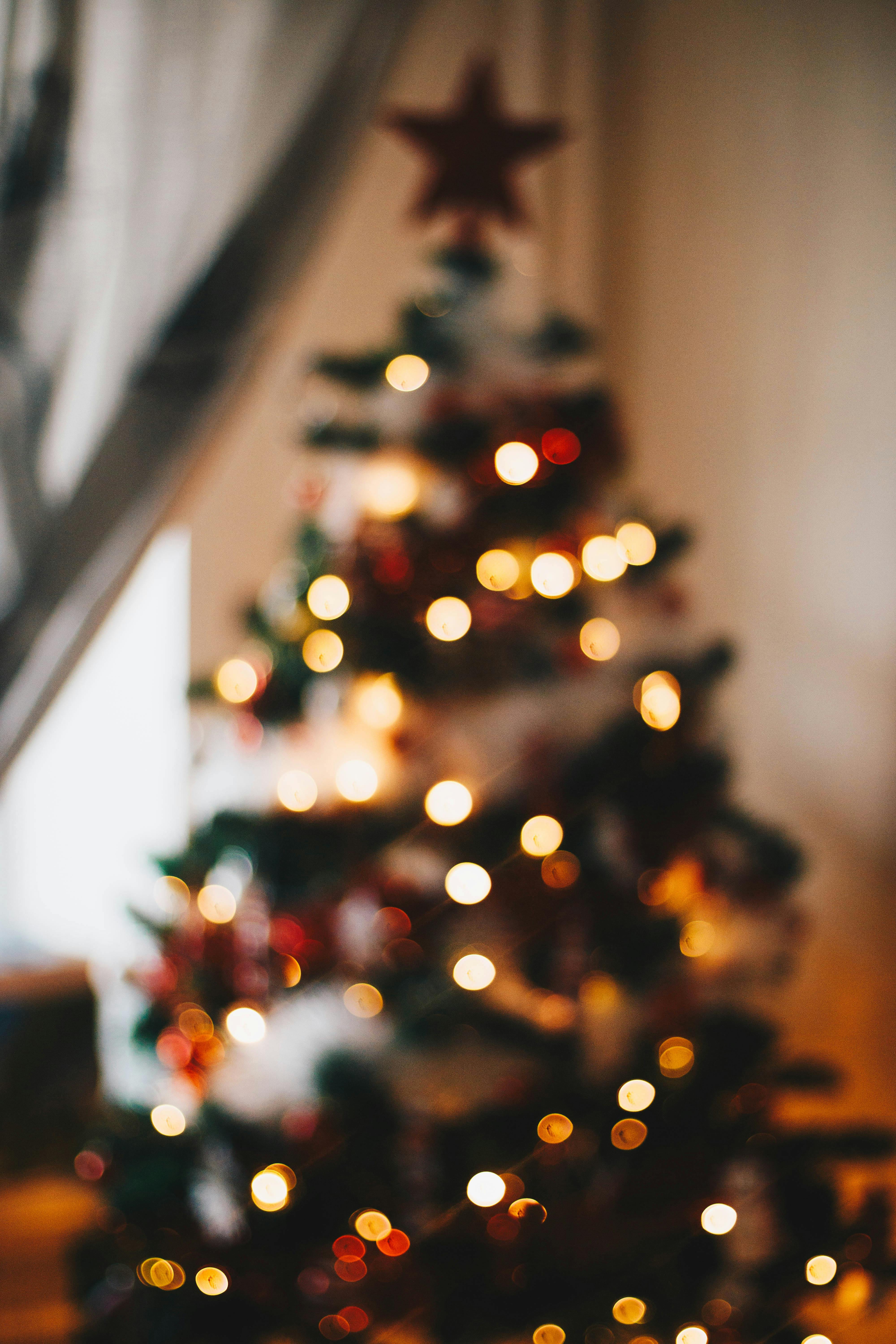 A Christmas tree decorated with golden lights and red ornaments, the blurry background shows the shadow of the curtains. - wallpaper image