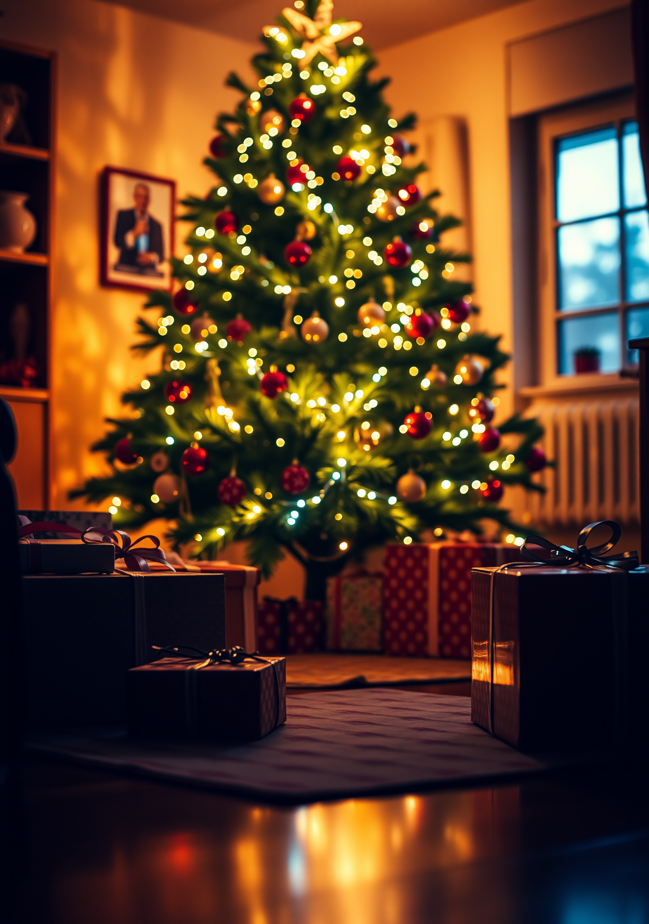 A Christmas tree decorated with colorful lights and balls stands in a room, with presents under it, creating a warm and festive atmosphere. - wallpaper image