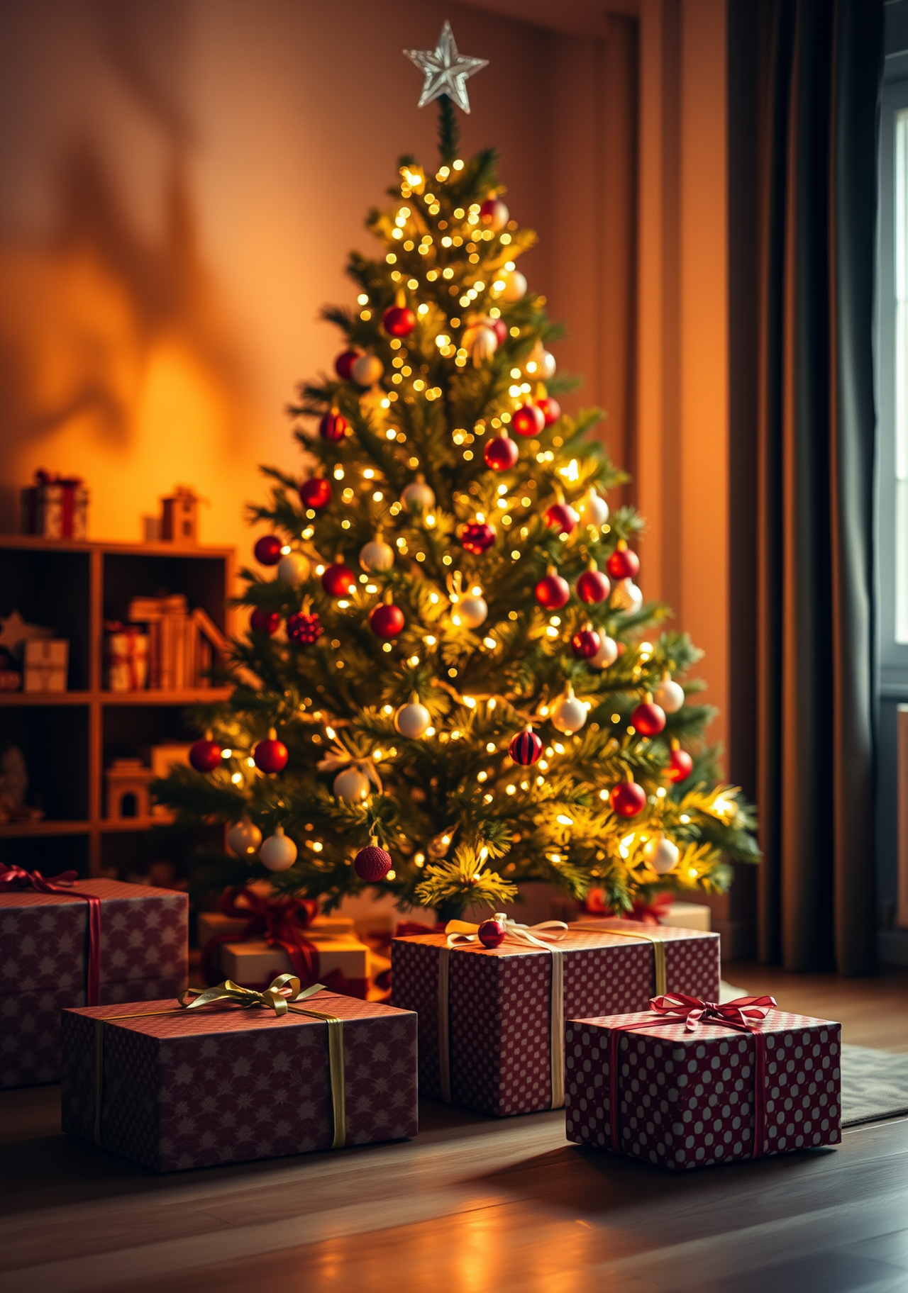 A Christmas tree decorated with lights and ornaments, with many gift boxes under it. - wallpaper image