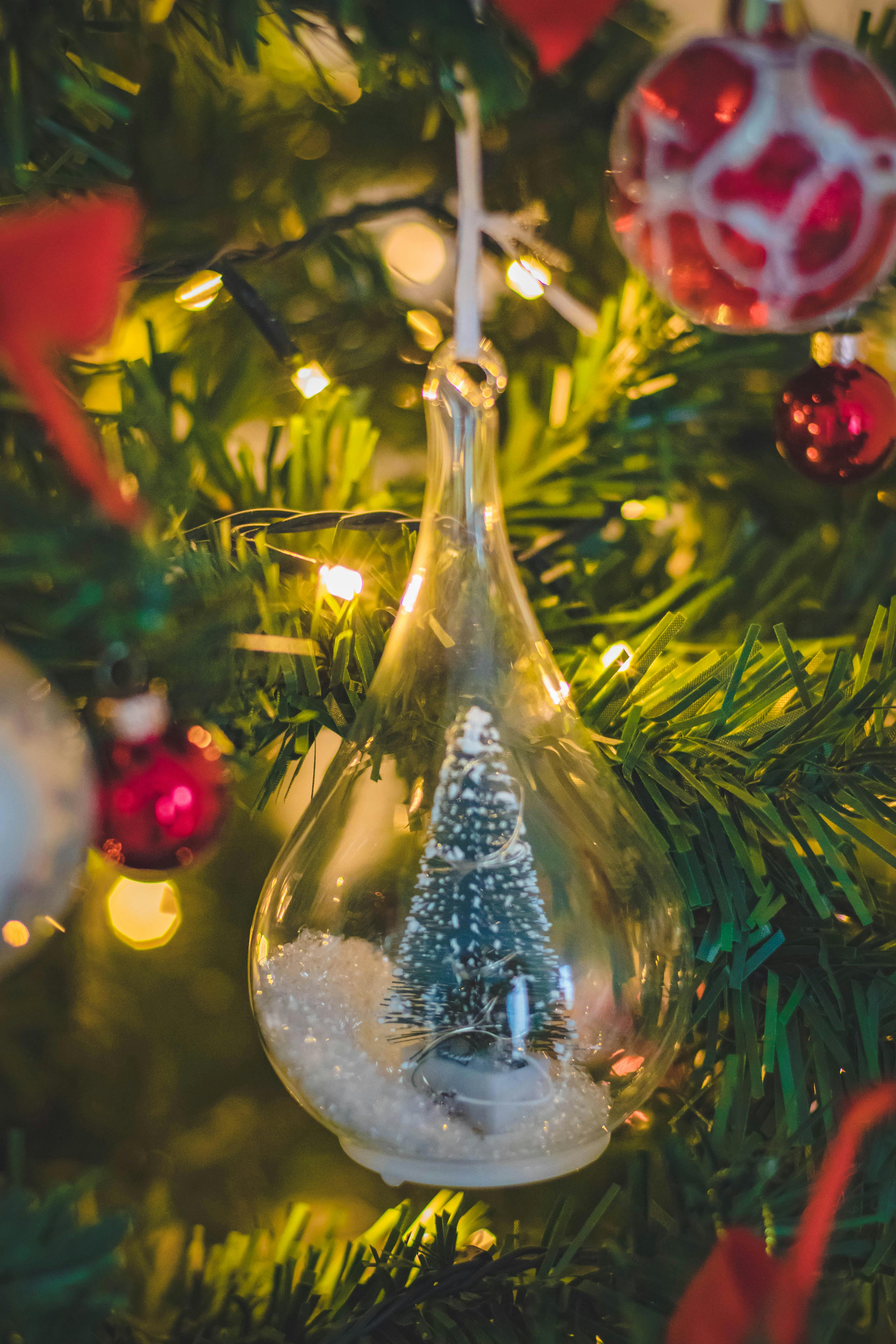 A glass ball ornament hangs on a Christmas tree, inside is a miniature Christmas tree covered in white snow. - wallpaper image