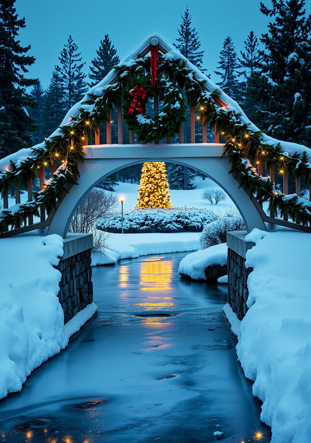 A bridge arch decorated with Christmas wreaths, under which is a frozen river reflecting the lights of a Christmas tree, the tree is decorated with colorful lights, with a snowy background and trees. - wallpaper image