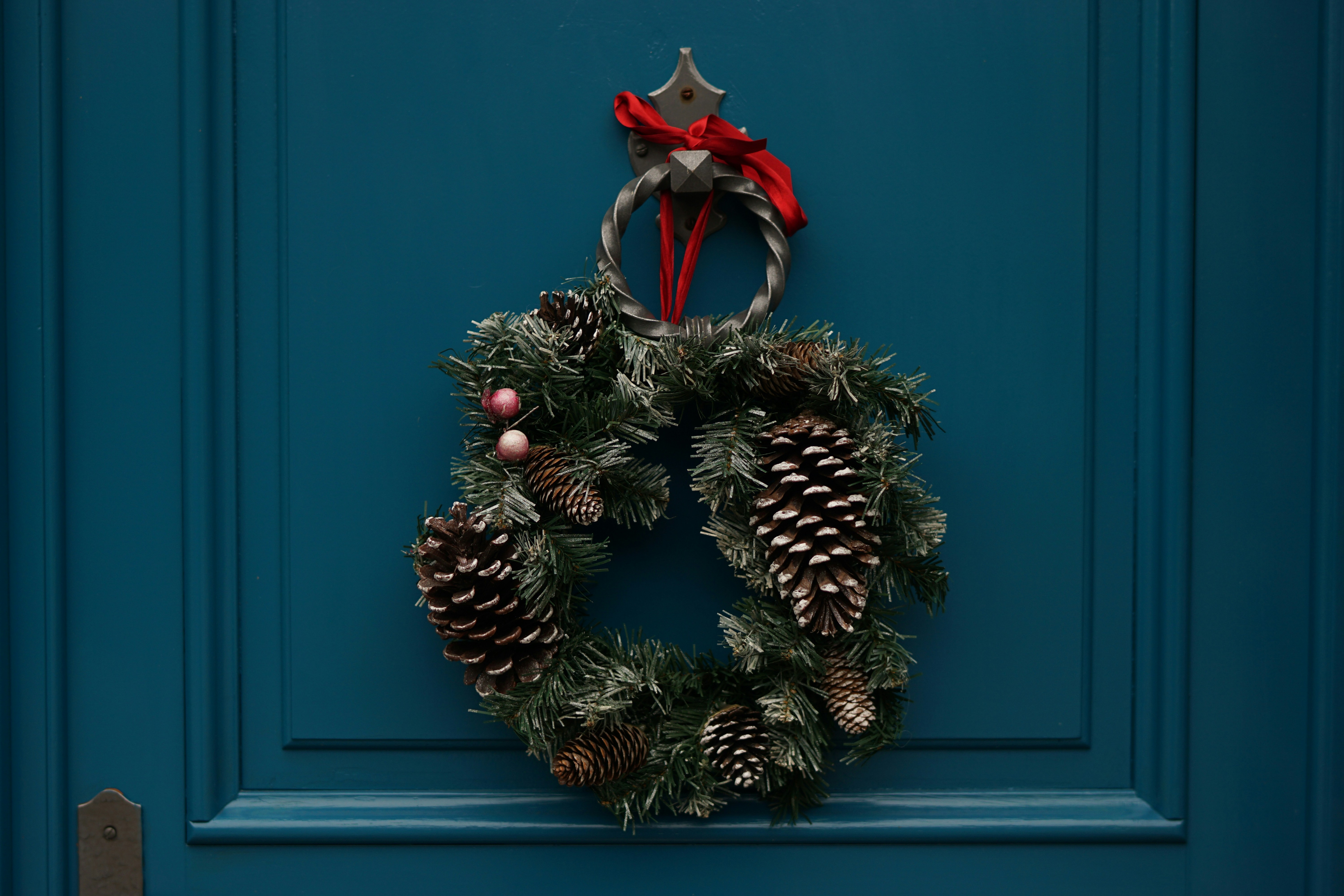 A blue door is decorated with a Christmas wreath, the wreath has pine cones and red ribbons. - wallpaper image