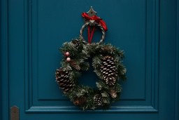 A blue door is decorated with a Christmas wreath, the wreath has pine cones and red ribbons. - wallpaper image