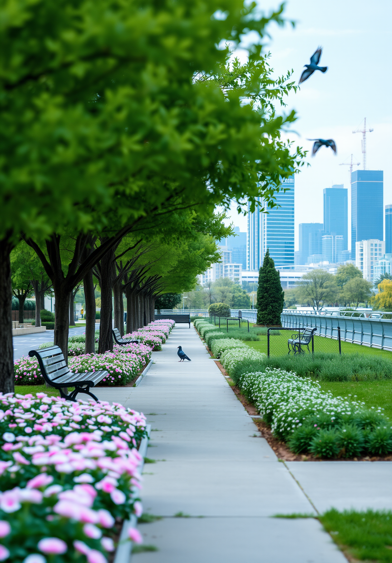 A straight path in a city park, lined with green trees and flowers, a black pigeon on the road. - wallpaper image