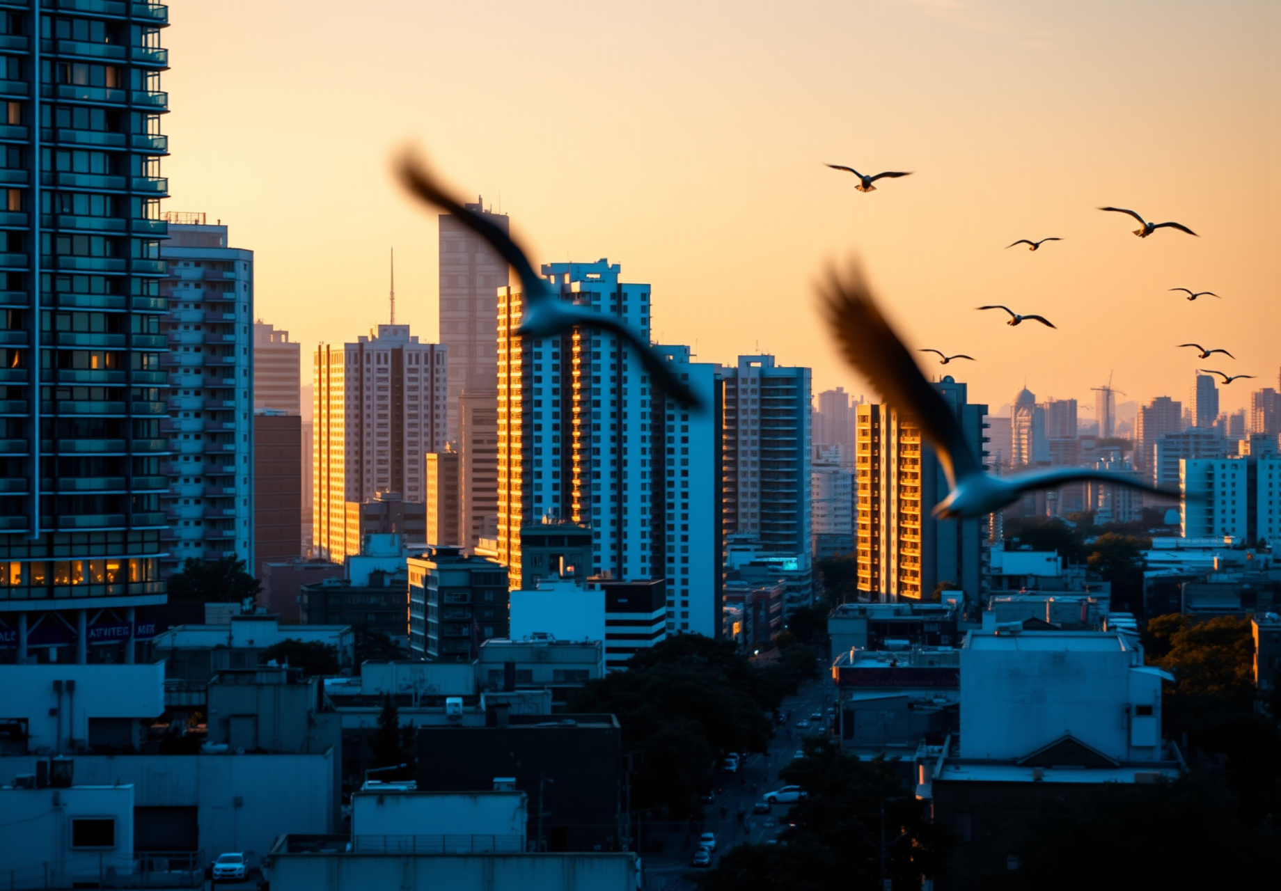 A few seagulls are flying over the city at sunset, the scene is full of peace and beauty. - wallpaper image