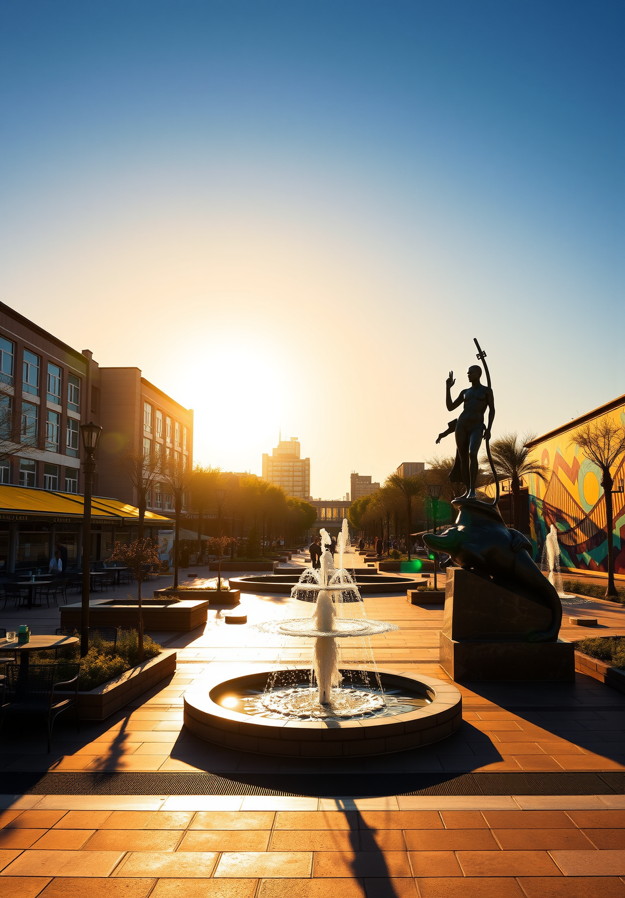 A sculpture stands on a city street at sunset, with a fountain in front of it. - wallpaper image