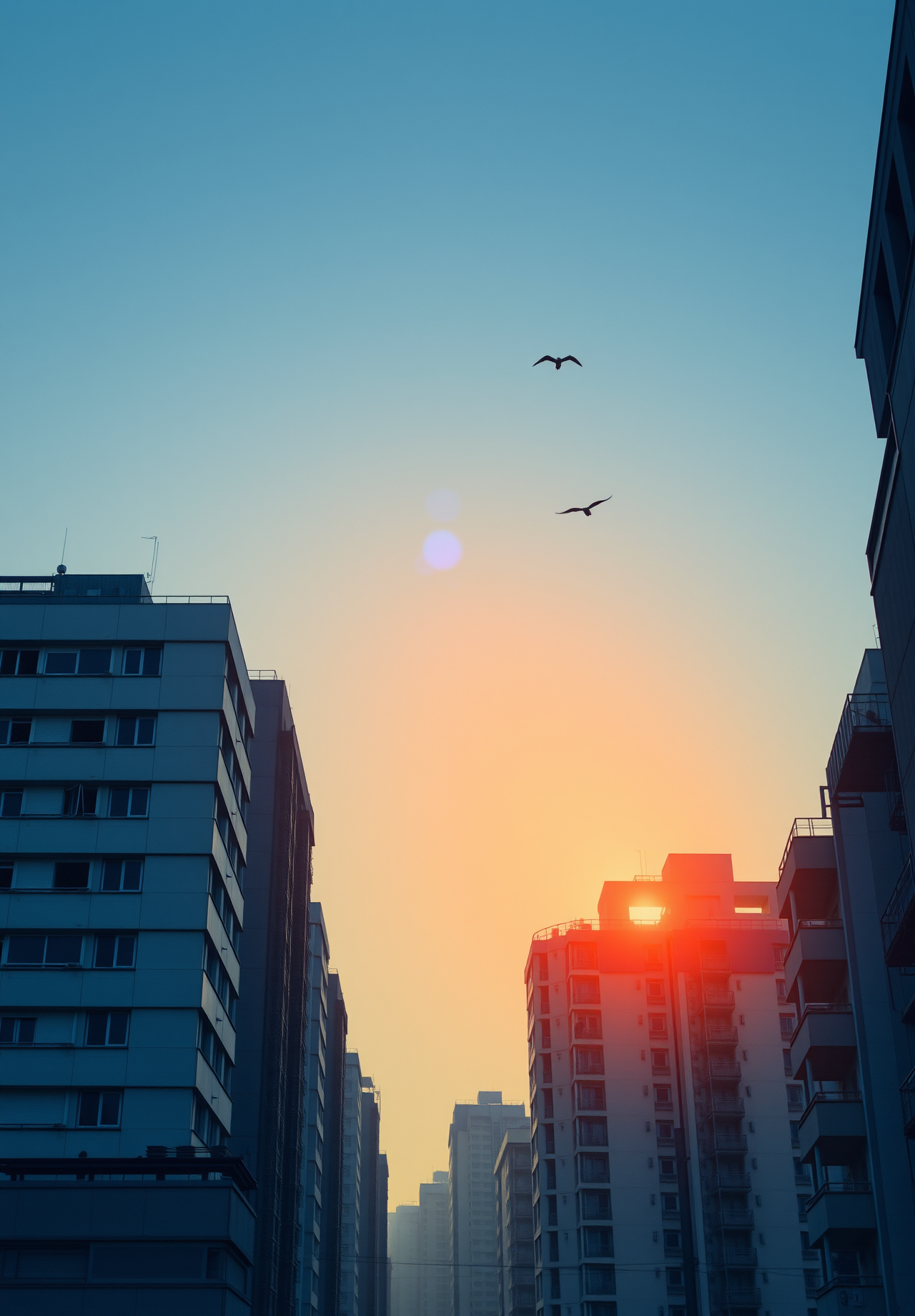 Two birds are flying in the sky between high-rise buildings in the city at sunset. - wallpaper image