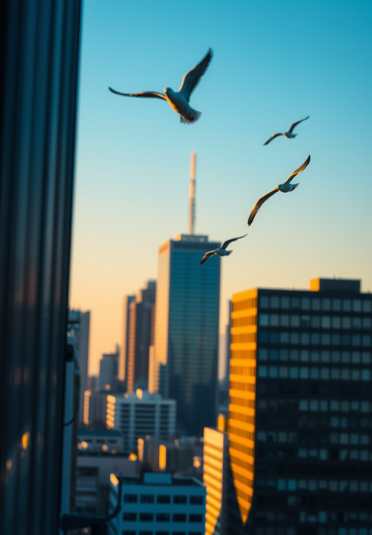 A view from a high-rise window, the city skyline in the distance, with a few seagulls flying in the setting sun. - wallpaper image