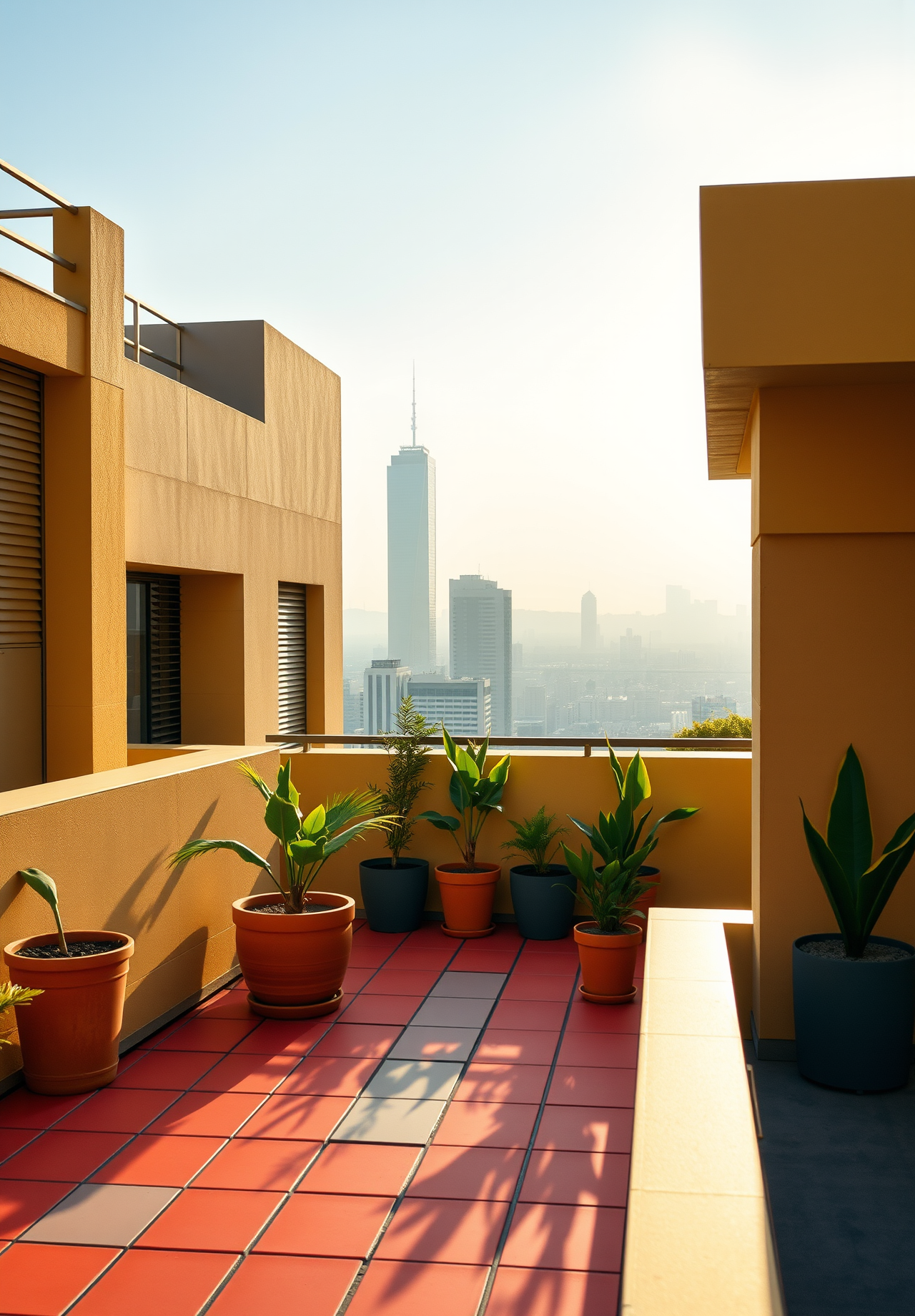 A terrace of a building with several green plants, with a city view in the distance. - wallpaper image