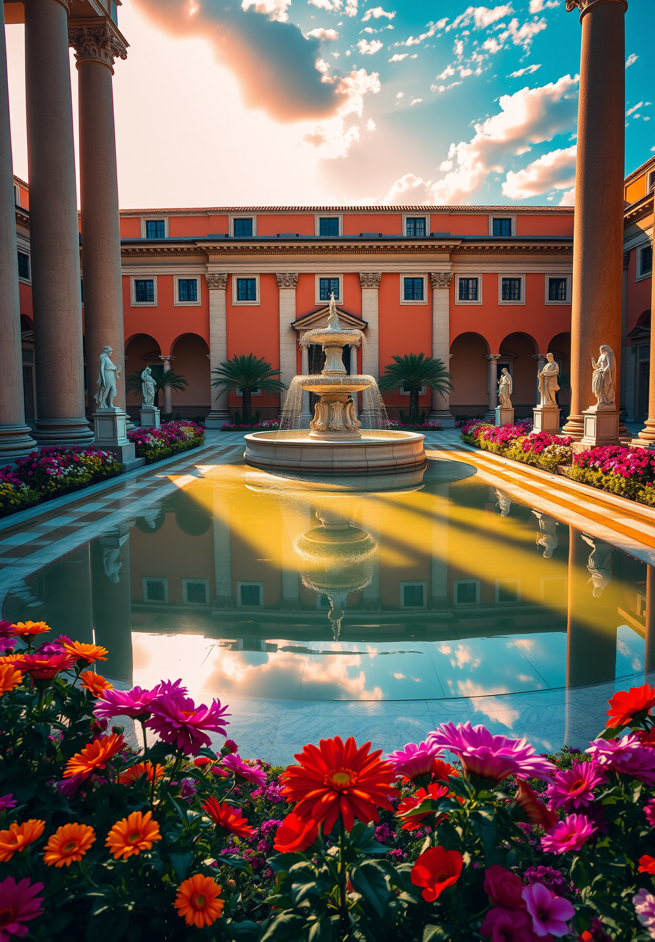 A courtyard of a classical building with a fountain in the center, surrounded by flower beds, the walls of the building are orange, and the sky is blue. - wallpaper image