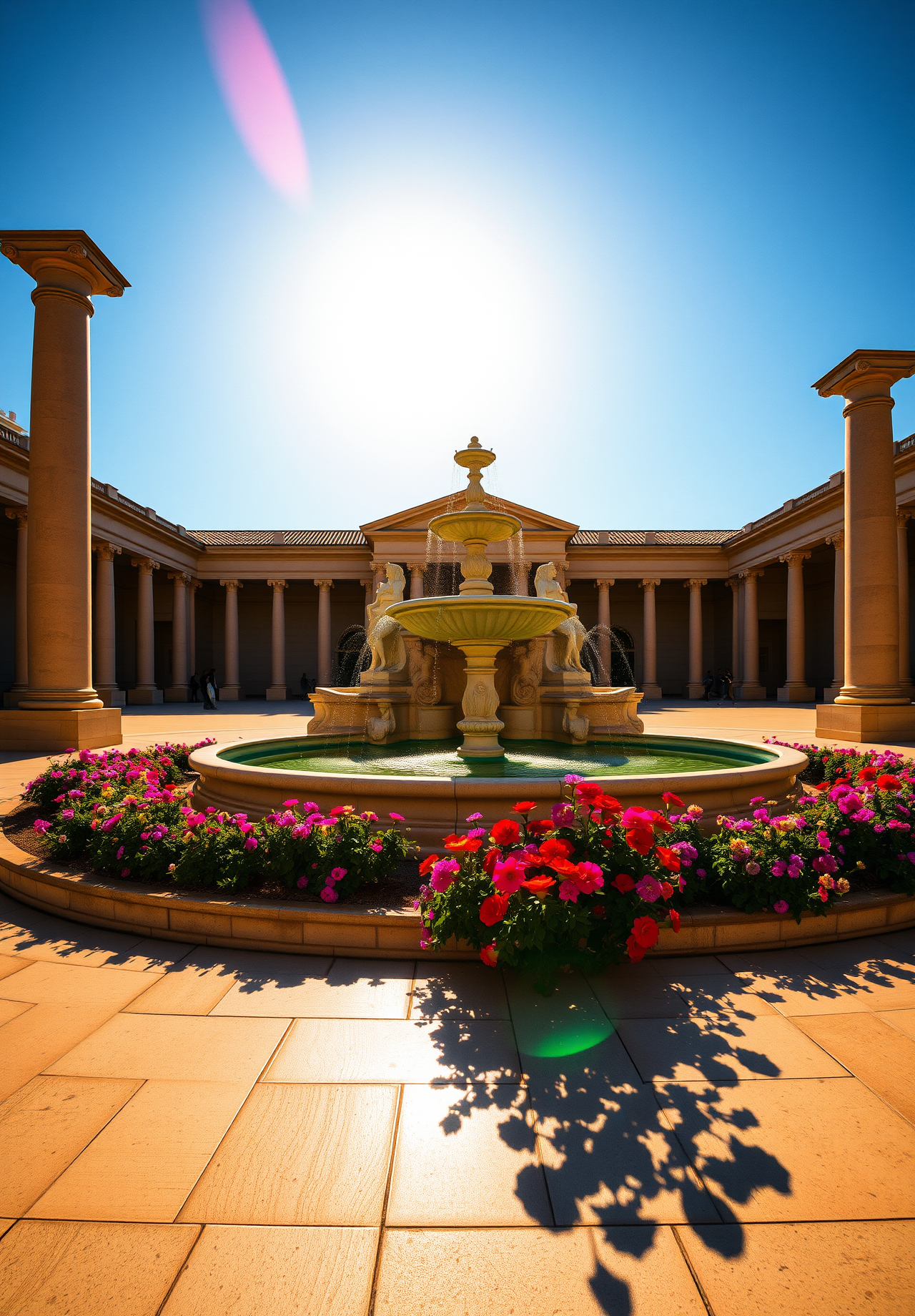 A classical style courtyard with a fountain in the middle, surrounded by colonnades, with flowerbeds around it, sunny and bright. - wallpaper image