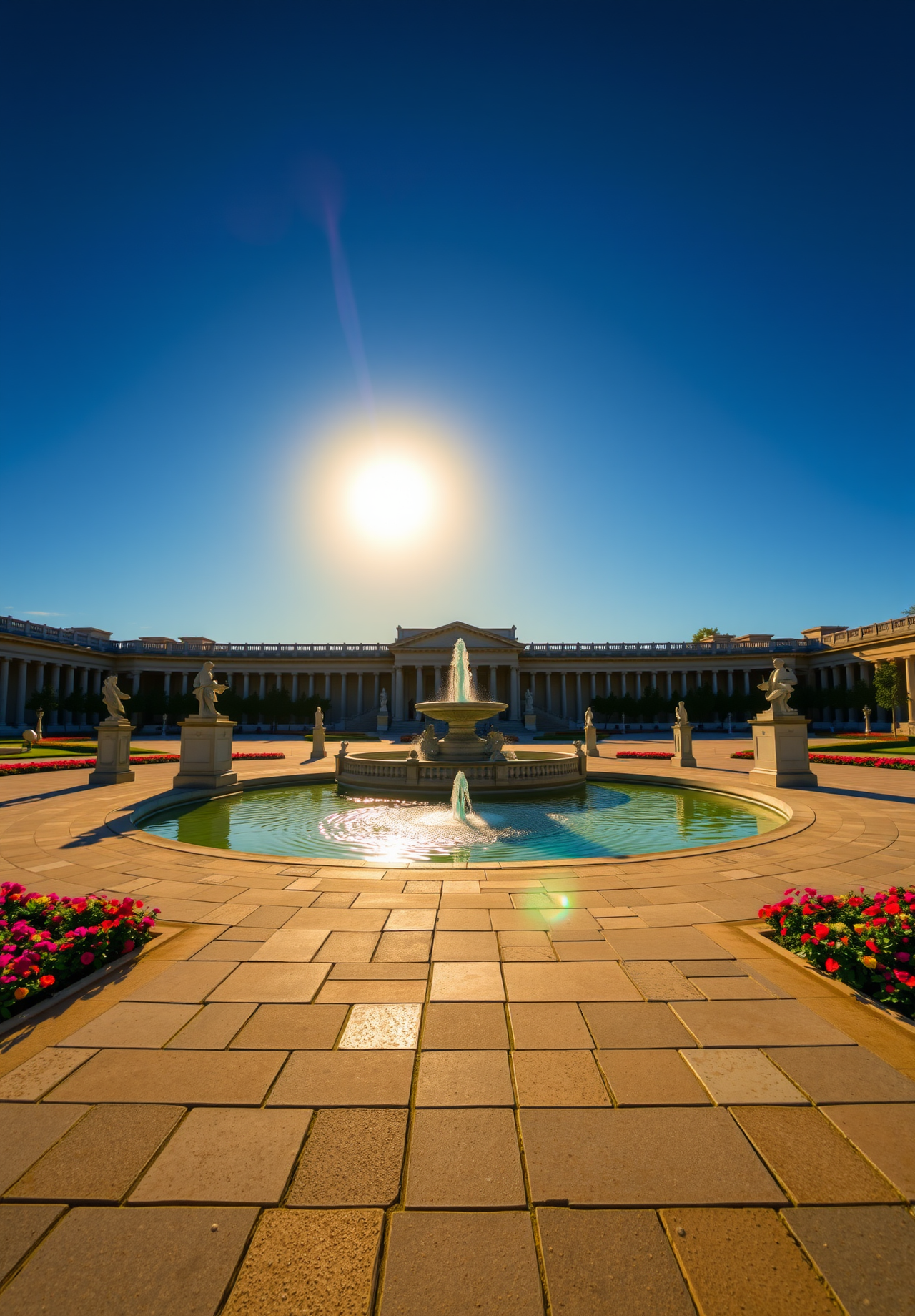 A courtyard of a classical building with a fountain in the center. The sun is shining on the building and the fountain. - wallpaper image