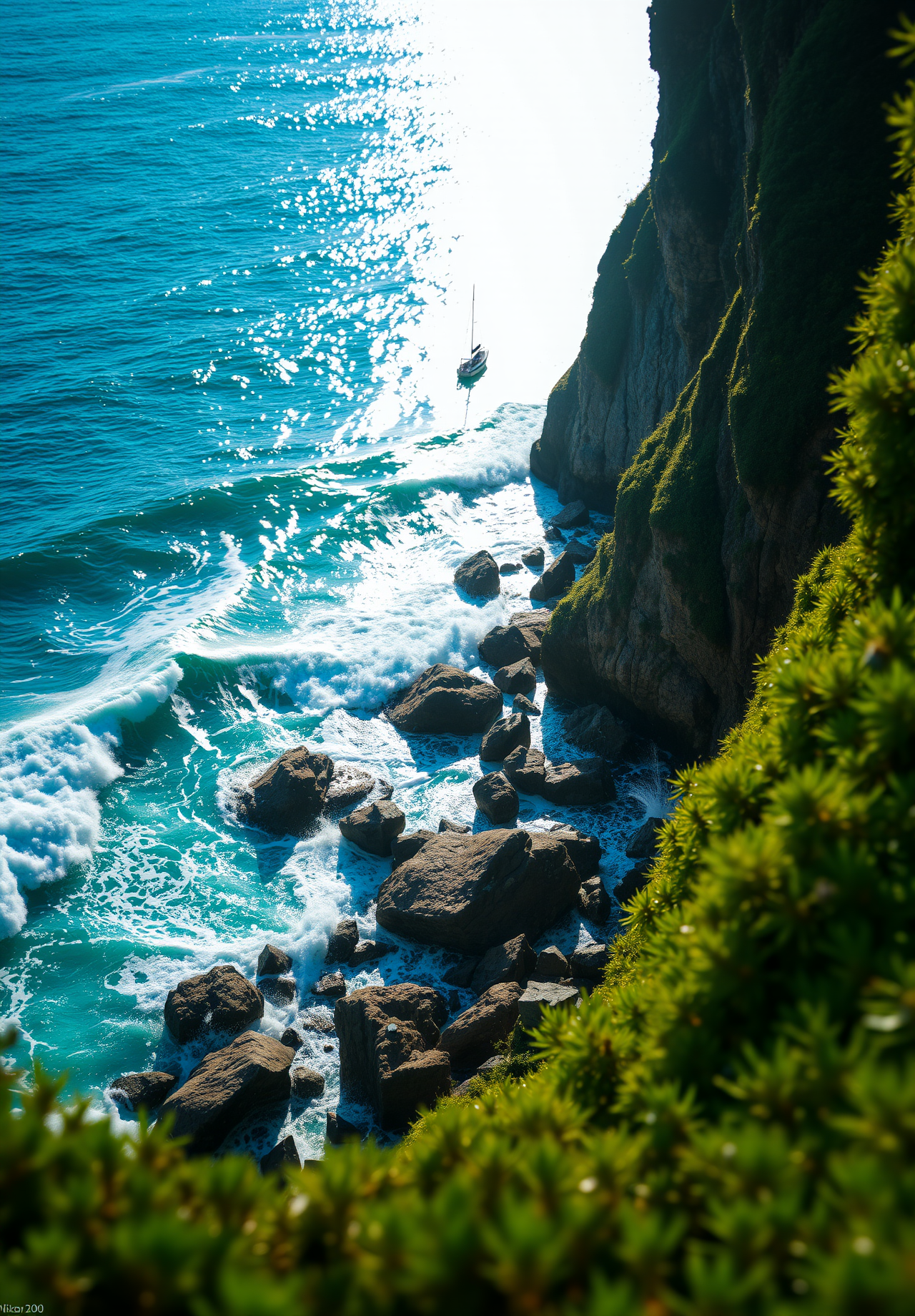 An overhead view of the ocean crashing against the rocks, a small boat is sailing in the distance. - wallpaper image