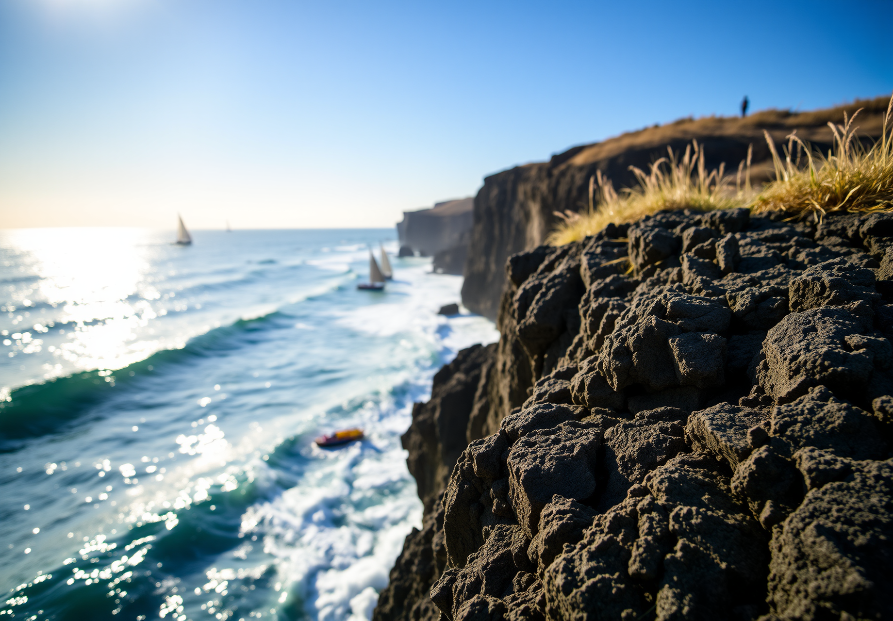 Overlooking the sea from a towering cliff, sailboats sail on the horizon under the sun, waves beat against the rocks on the shore, the sea and the sky are one color, the scenery is magnificent. - wallpaper image