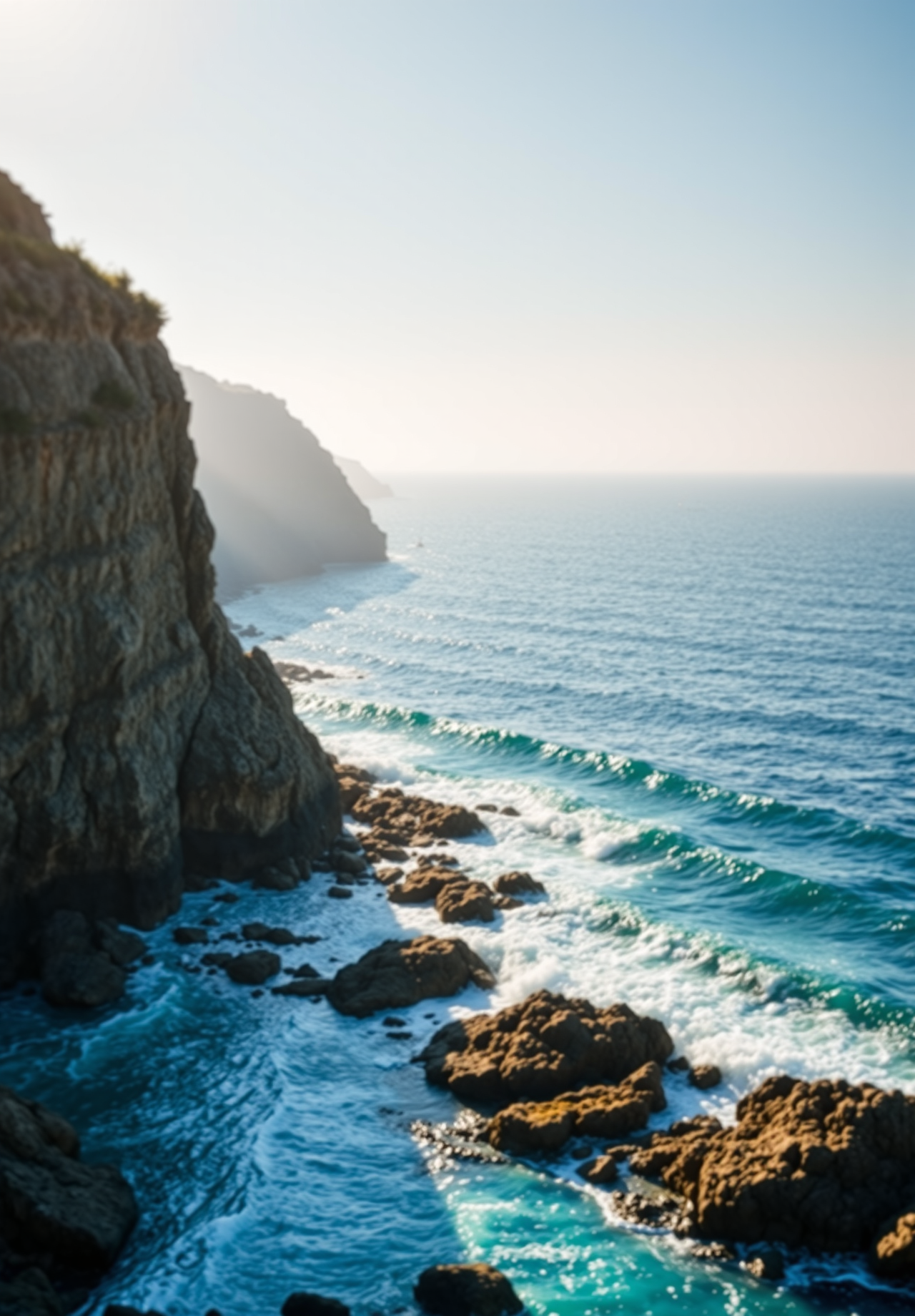 A view from a cliff overlooking a rough sea, waves crash against the rocks, splashing water. - wallpaper image