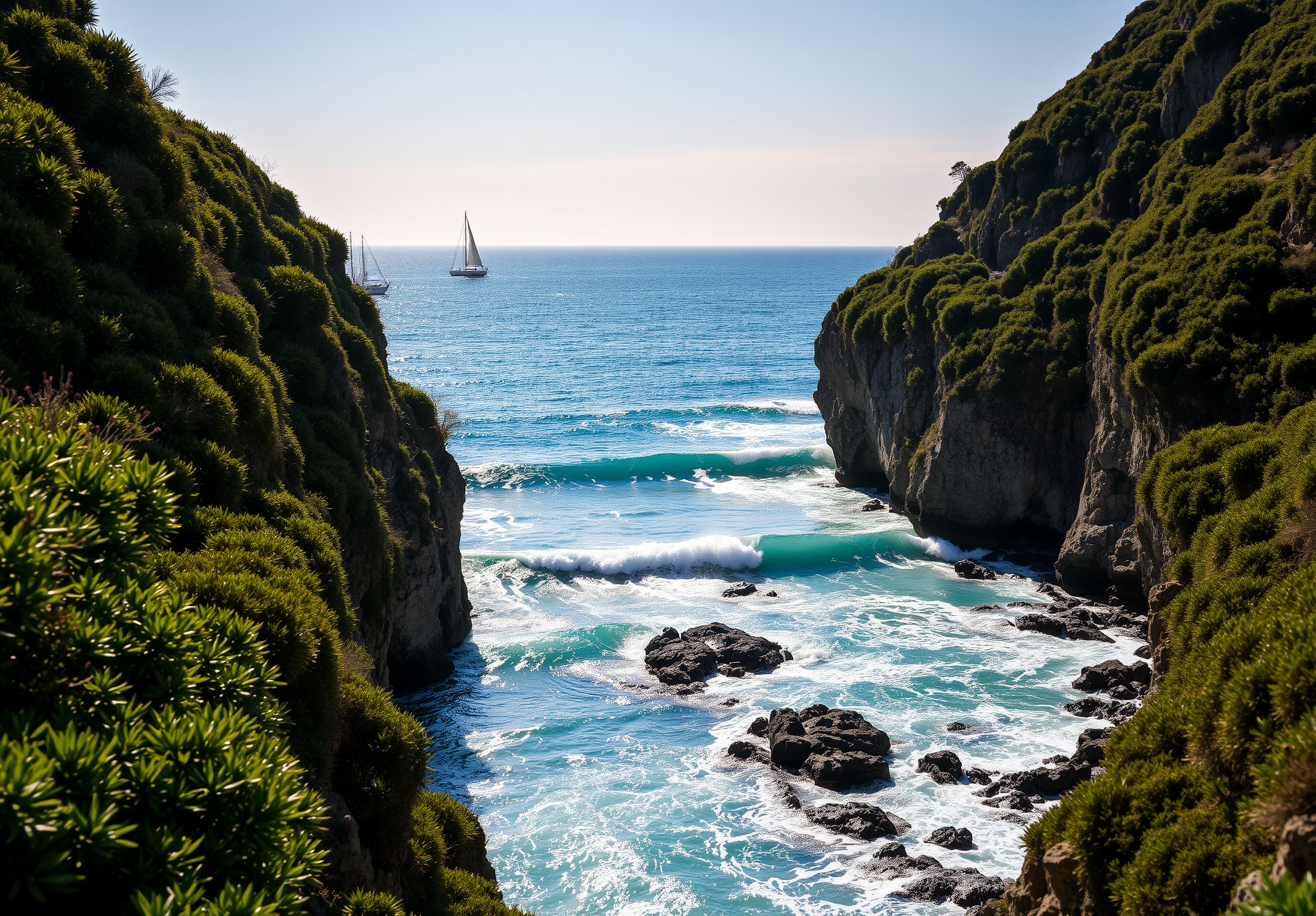 Two towering cliffs, in the middle of the surging sea, two sailboats sailing in the distance. - wallpaper image