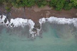 An aerial view of turquoise blue water crashing against a sandy shore, white waves rolling, a line of green trees along the coast. - free wallpaper image