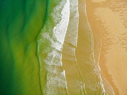 Aerial view of a coastline with turquoise water crashing on a golden sand beach, the waves are churning, forming white lines. - free wallpaper image